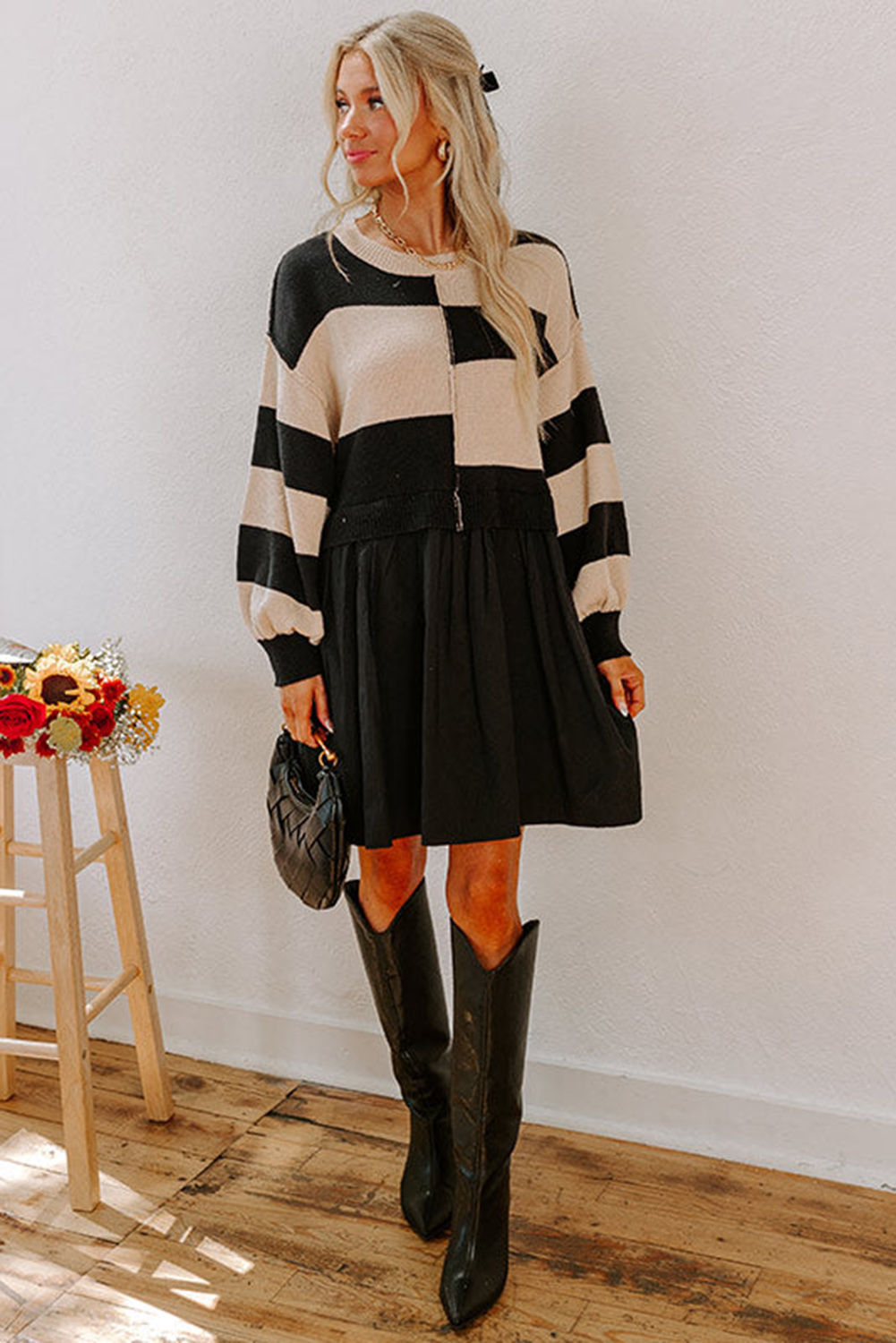 Black Stripe Two in One Knitted Top High Waist Splicing Hem Sweater Dress - loveforevers