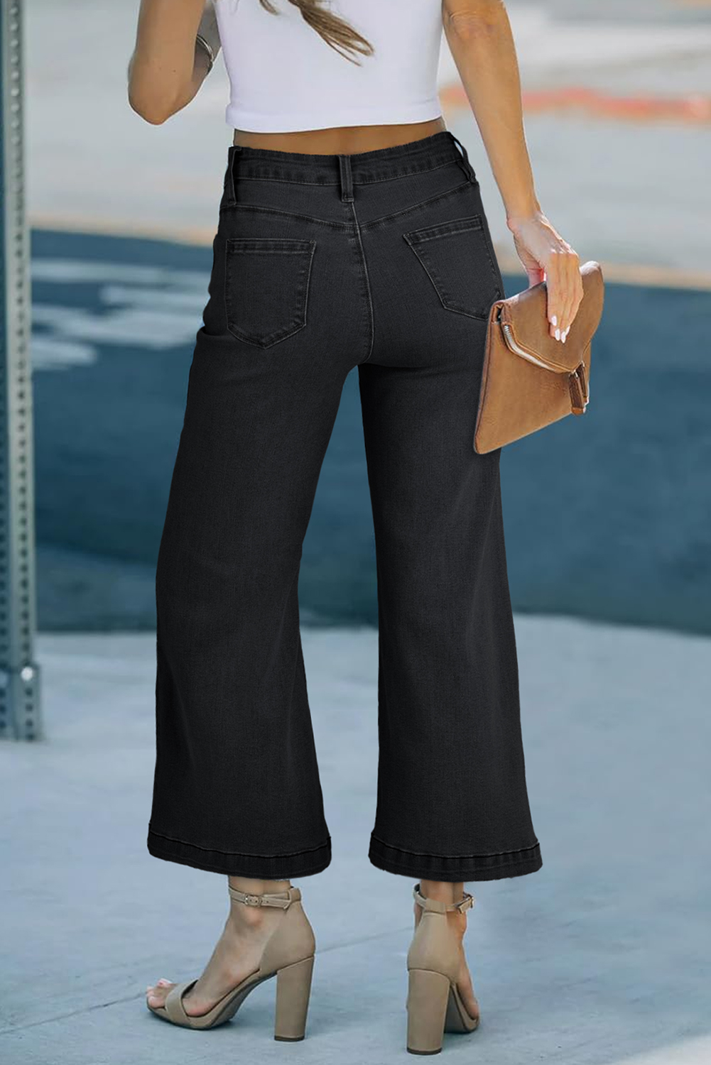 Black Plain Seam Detail Flared Bottom Ankle Length Jeans - loveforevers