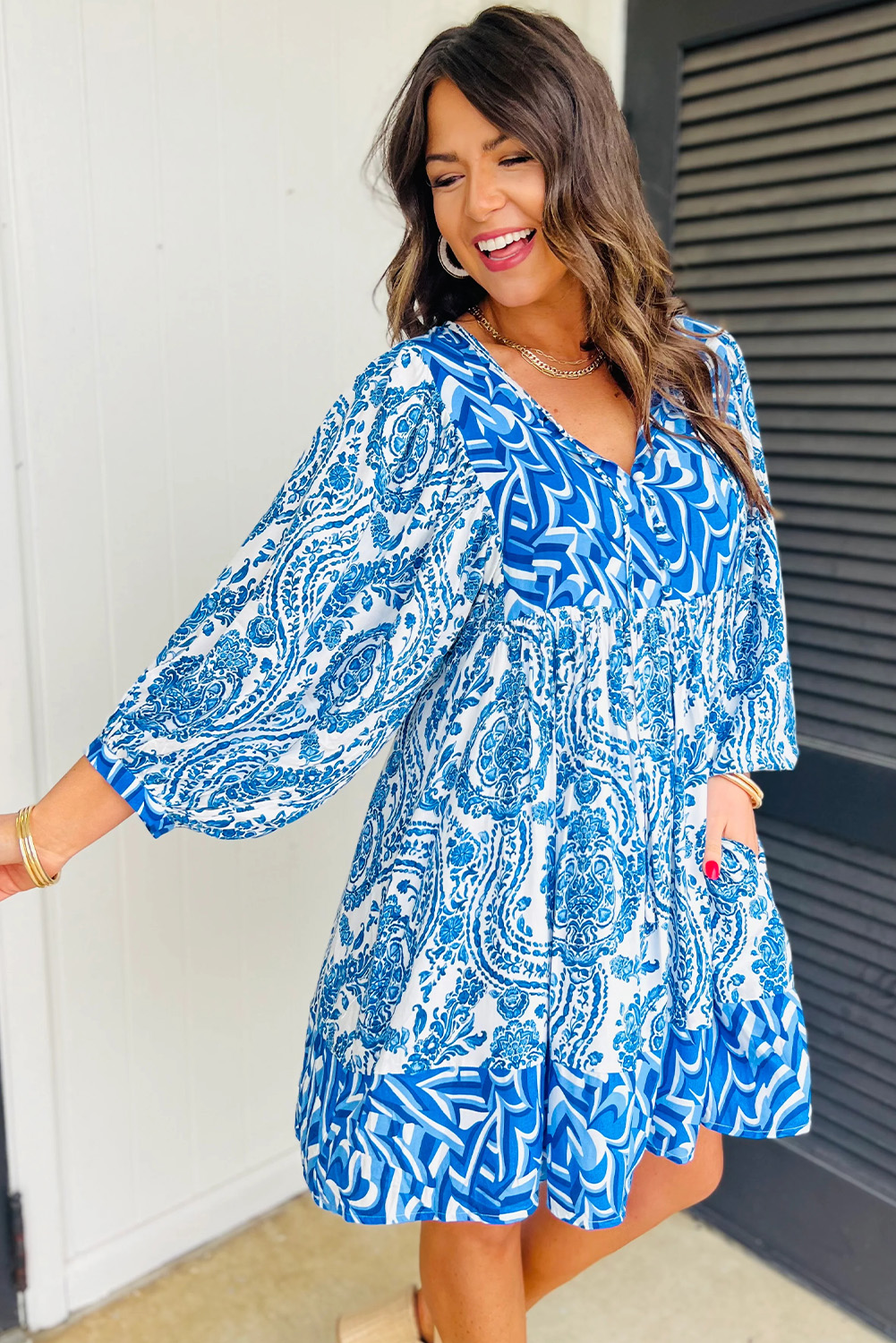Sky Blue Bohemian Print Puff Sleeve Tied V Neck Flared Mini Dress - loveforevers