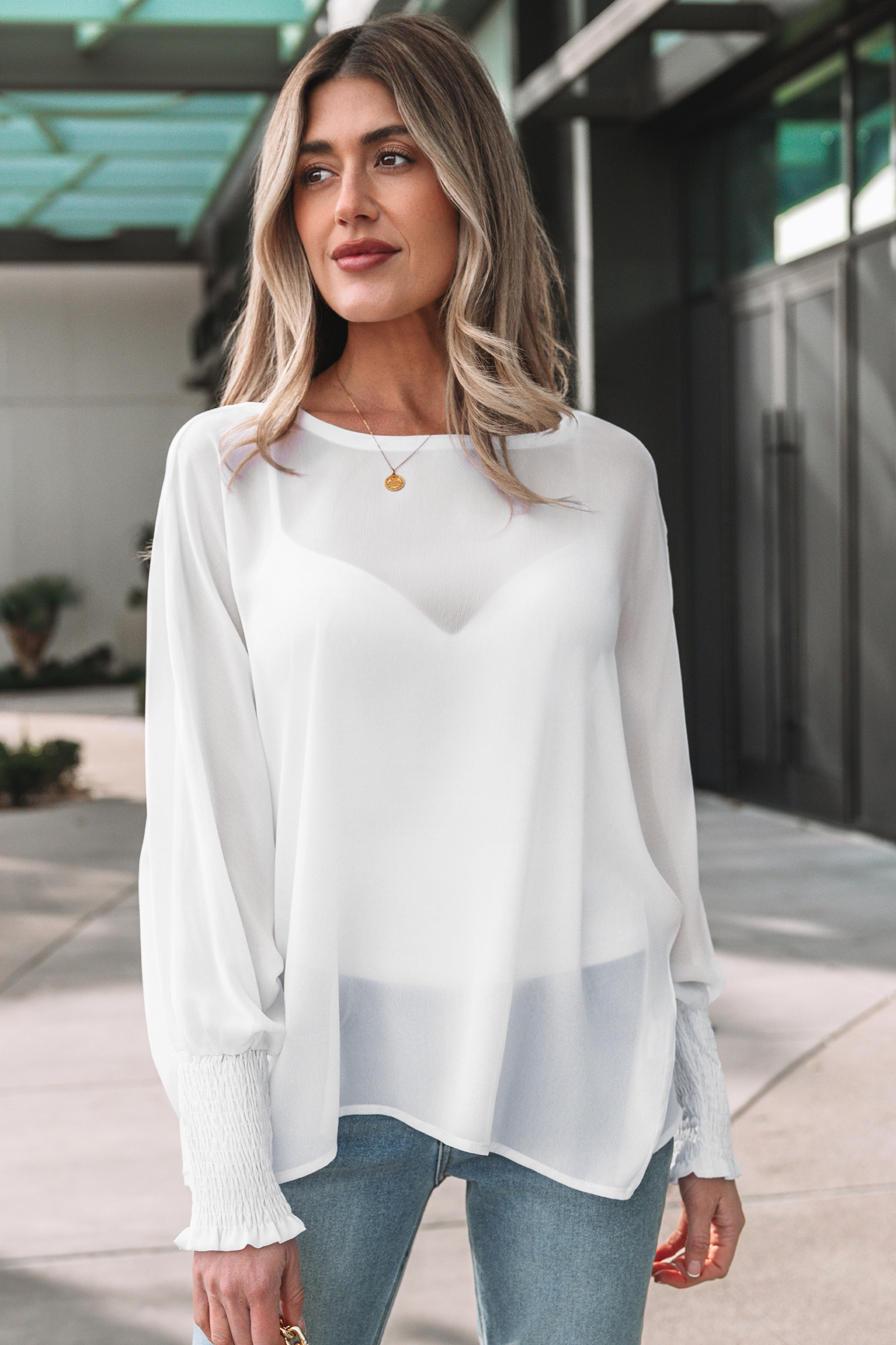White Smocked Cuffs Semi Sheer Long Sleeve Dolman Blouse - loveforevers