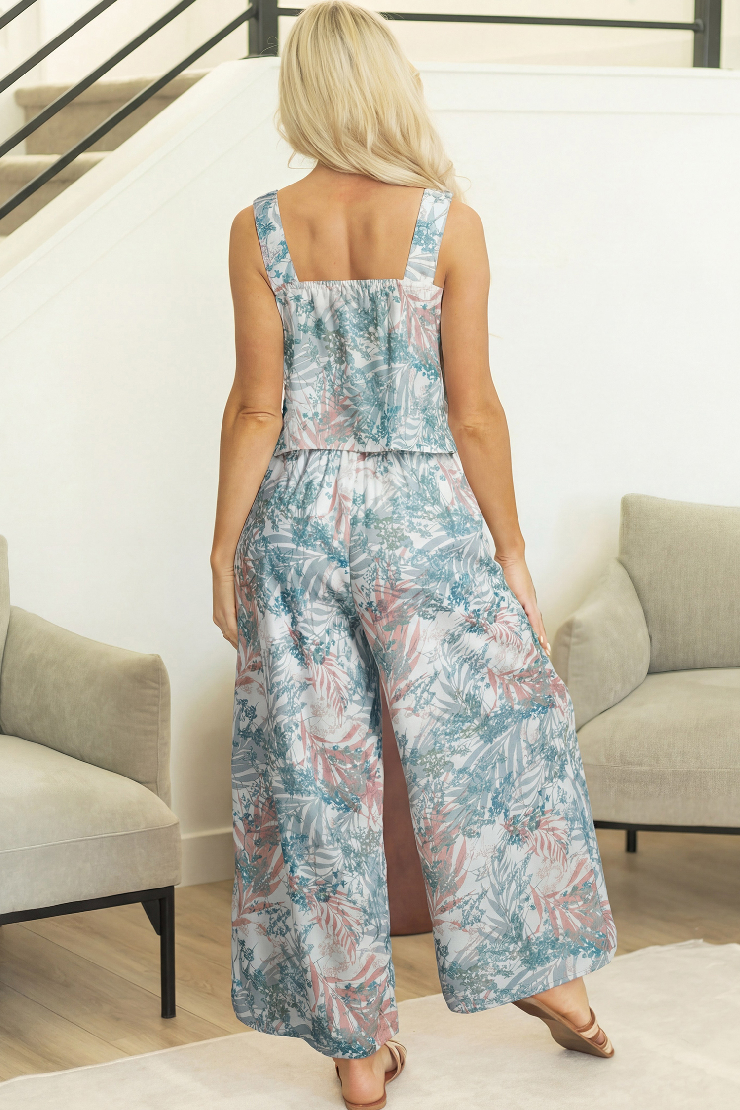 Green Tropical Palm Printed Cropped Tank Drawstring Wide Leg Pant Set - loveforevers