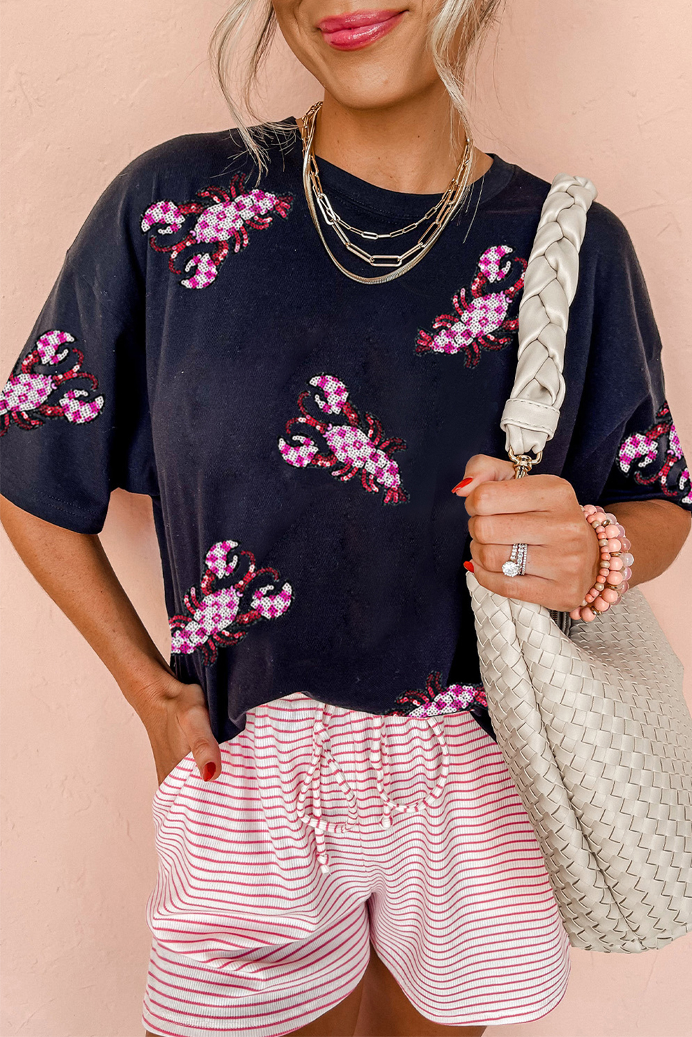 Black Sequin Crawfish Patched Crew Neck Tee - loveforevers