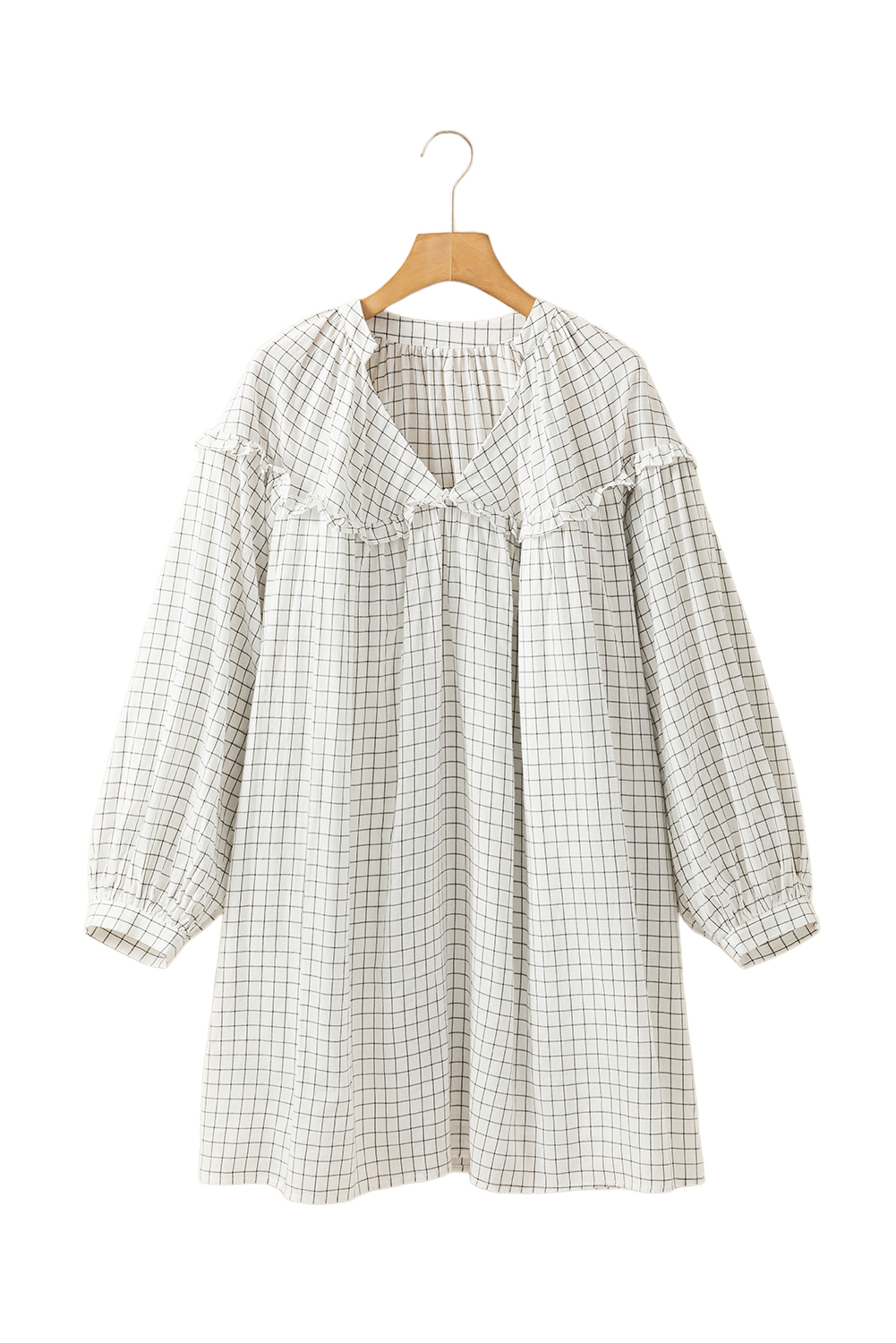 White Stripe Checkered Frilled V Neck Bracelet Sleeve Babydoll Dress - loveforevers