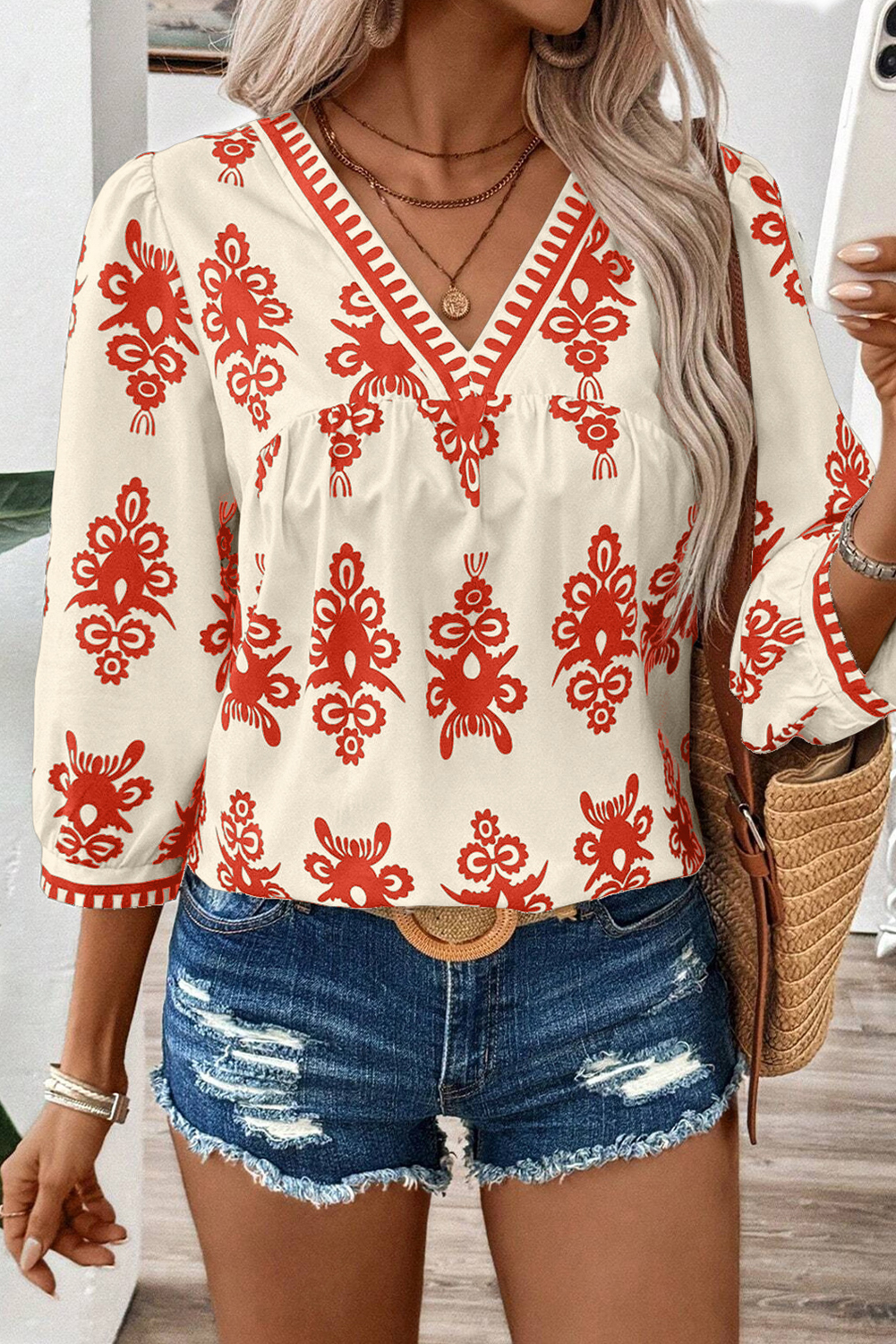 Orange Vintage Geometric Printed 3/4 Sleeve V Neck Blouse - loveforevers