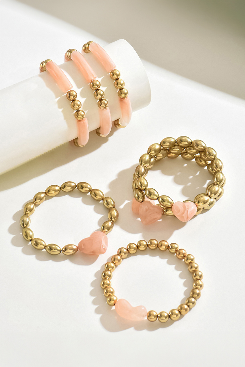 Gold Plated Bead Acrylic Detail 3D Heart Accent 8pcs Bracelet Set - loveforevers
