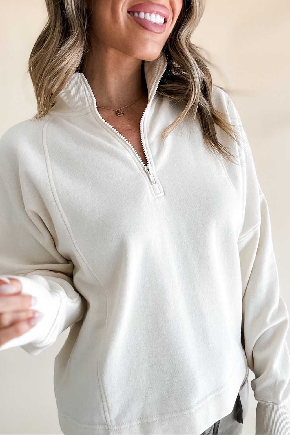 Fushia Zipped Neck Pullover Drop Shoulder Sweatshirt - loveforevers