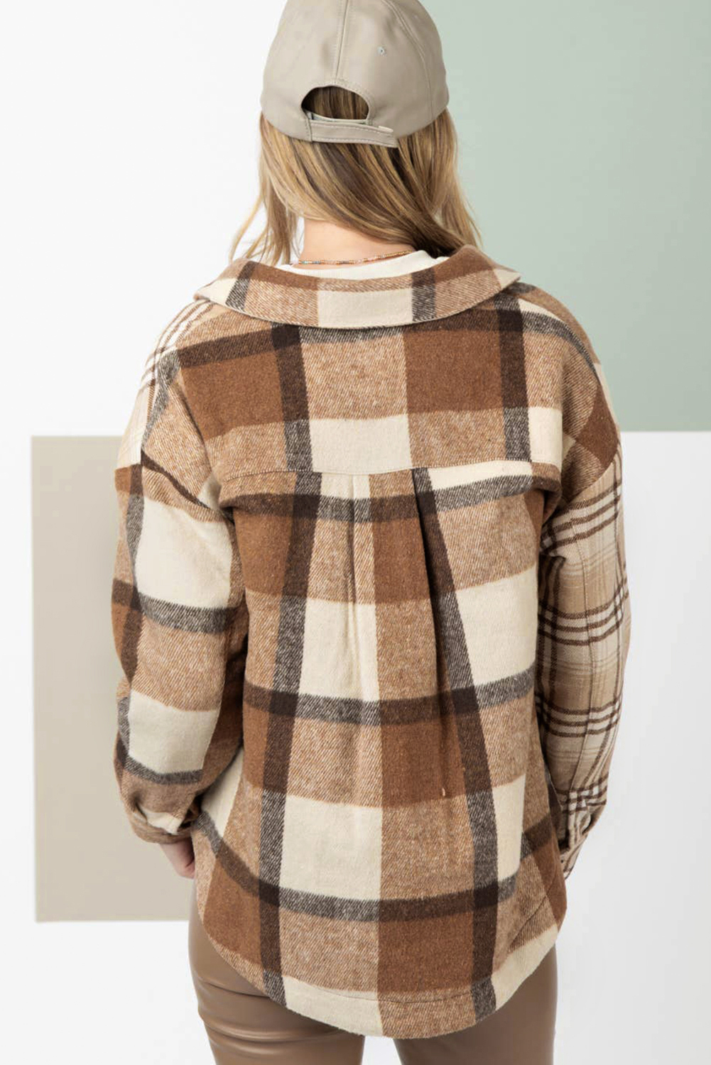 Light French Beige Flannel Plaid Double Flap Pocket Shacket - loveforevers
