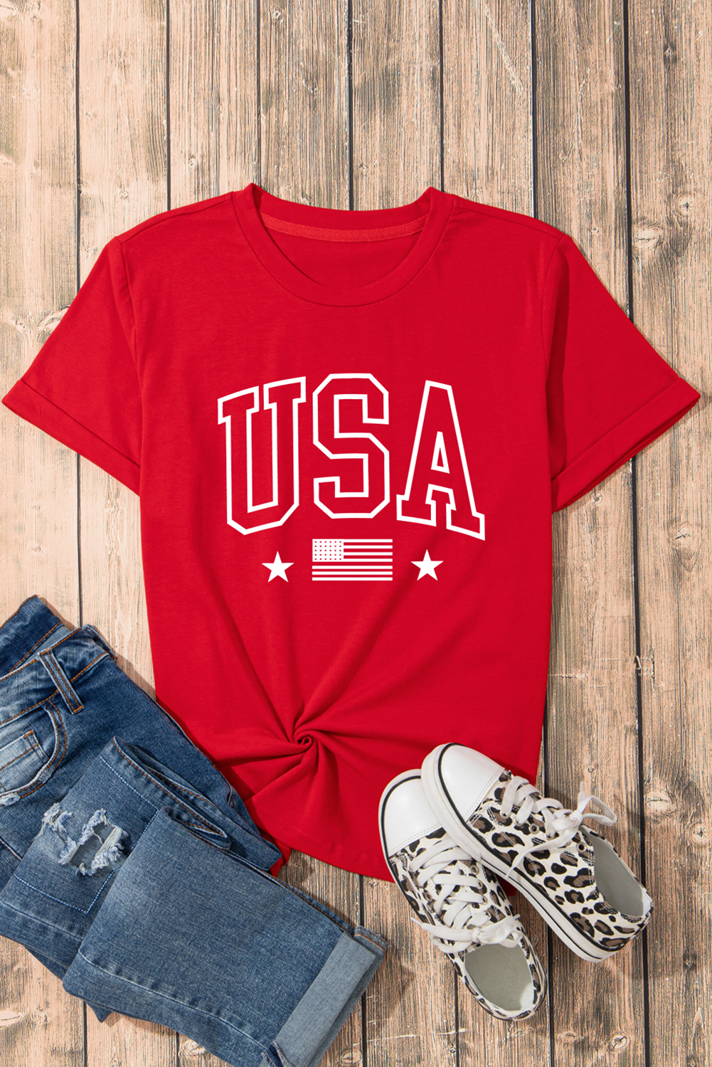 Red USA American Flag Print Crewneck T Shirt - loveforevers