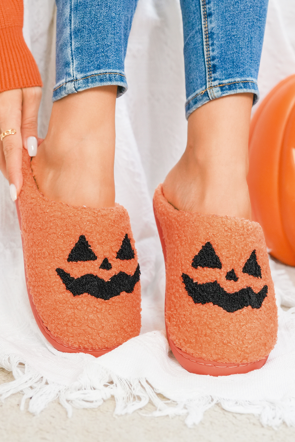 Orange Halloween Pumpkin Face Graphic Plush Slippers - loveforevers