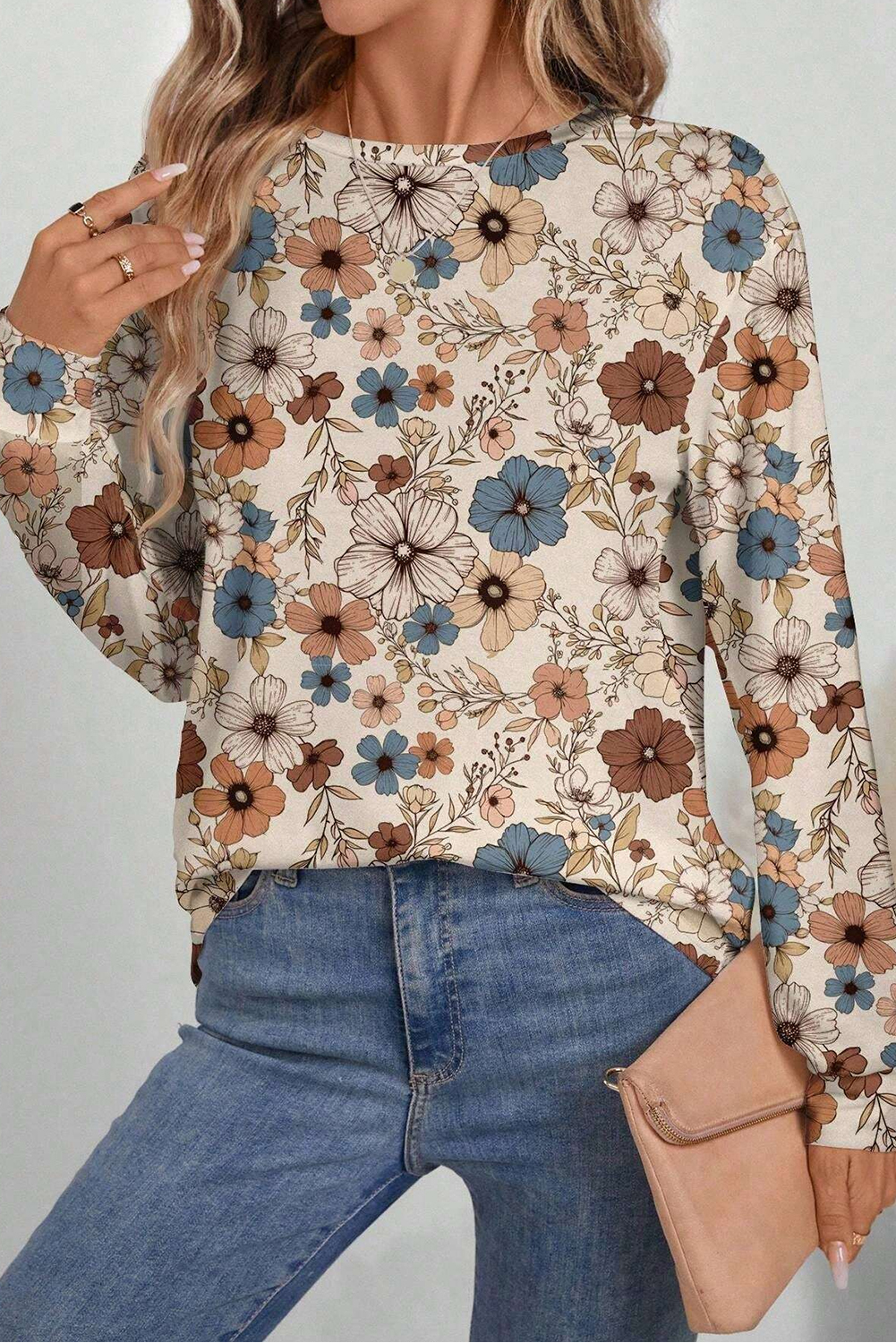 Khaki Floral Print Loose Crew Neck Long Sleeve T Shirt - loveforevers