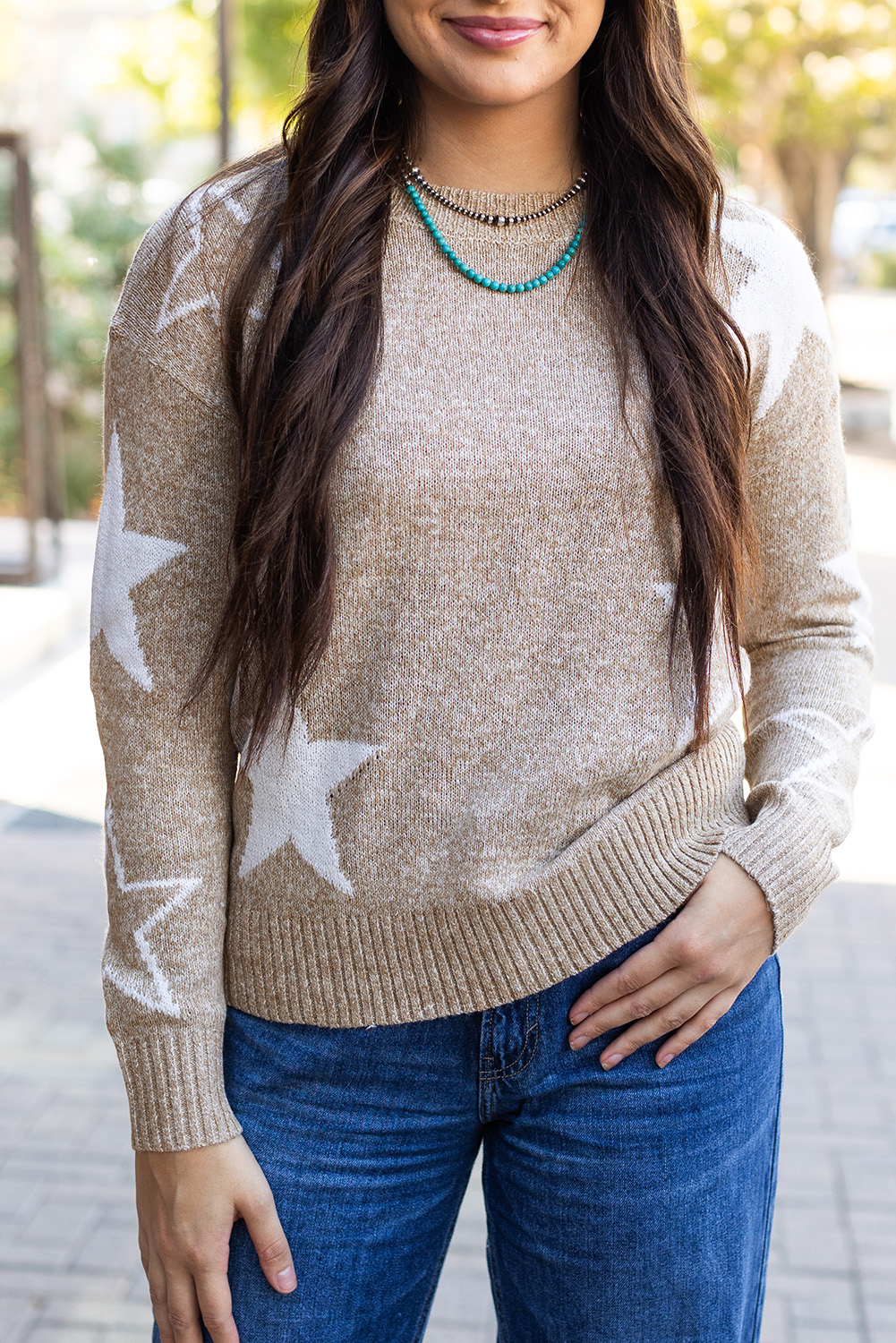 Khaki Star Pattern Drop Shoulder Sweater - loveforevers