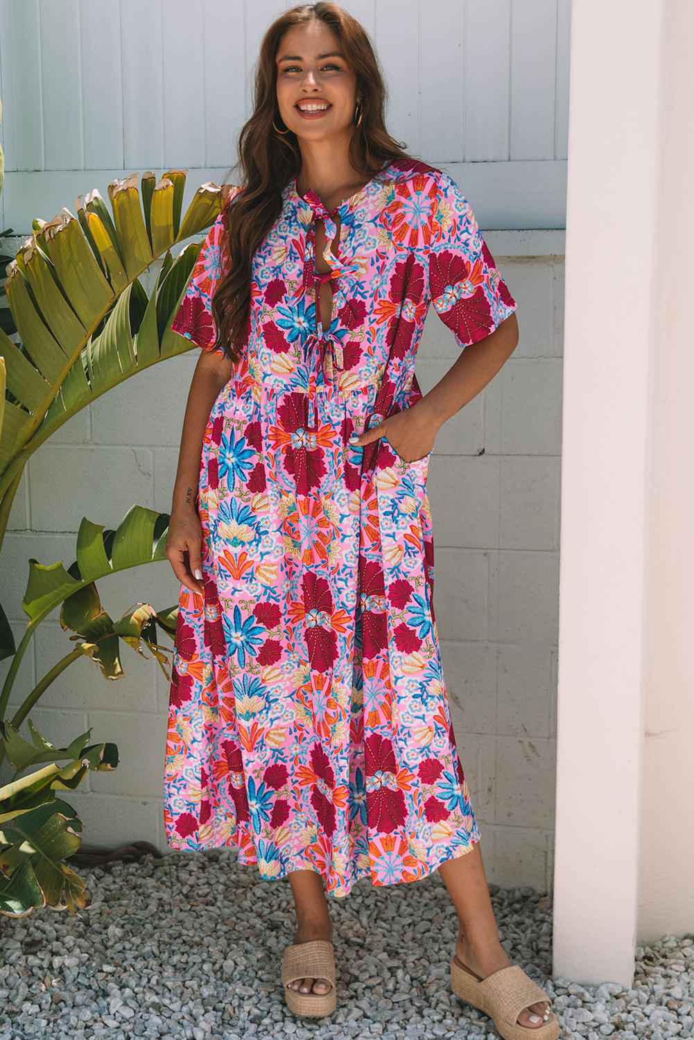 Rose Floral Tied Front High Waist Short Sleeve Loose Long Dress - loveforevers