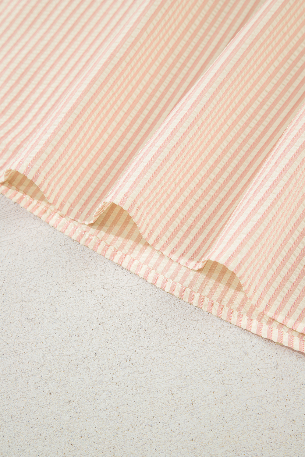 Pink Stripe Bow Knot Cuff Pearl Embellished Puff Sleeve V Neck Blouse - loveforevers