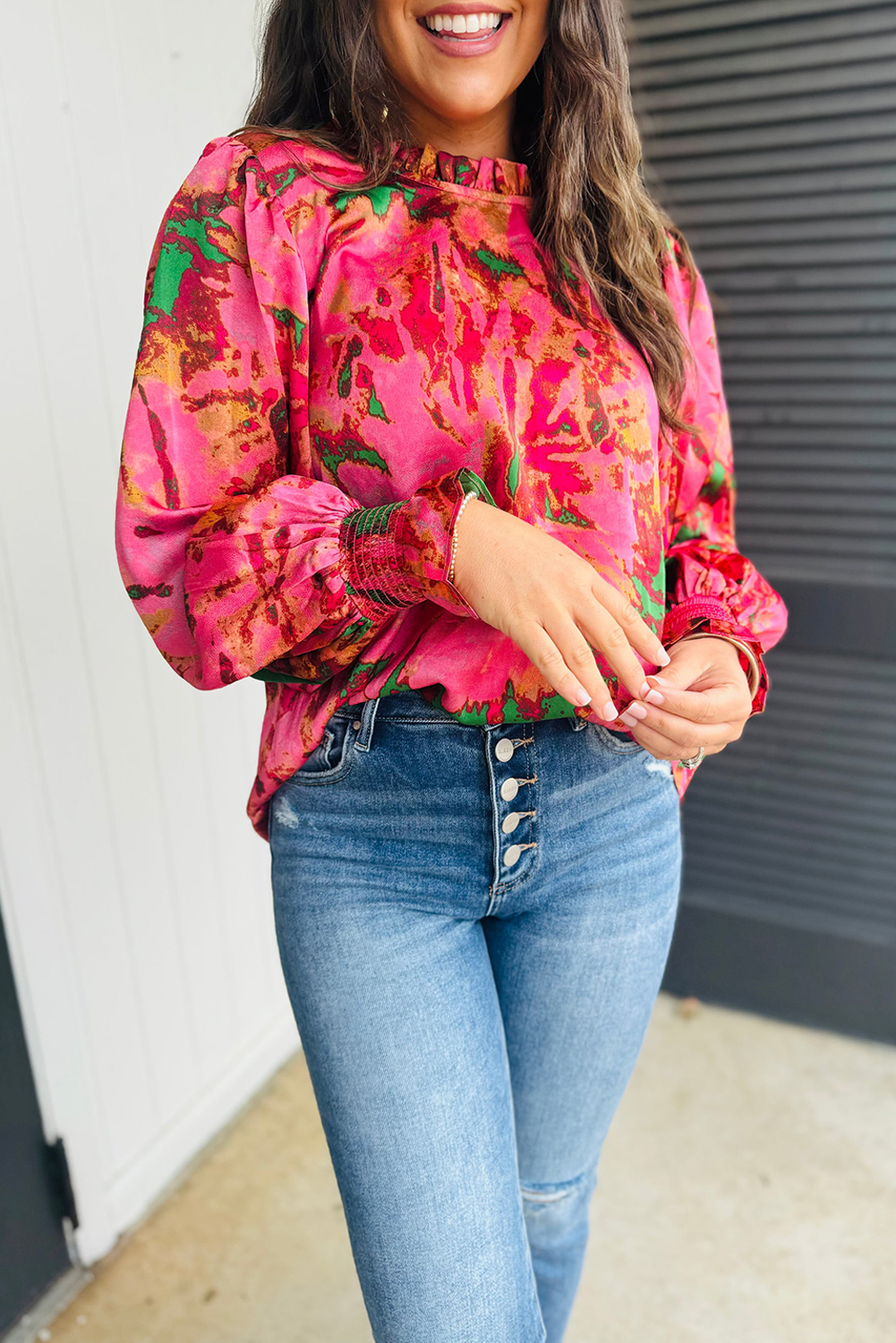 Rose Abstract Print Frilly Neckline Puff Sleeve Blouse - loveforevers