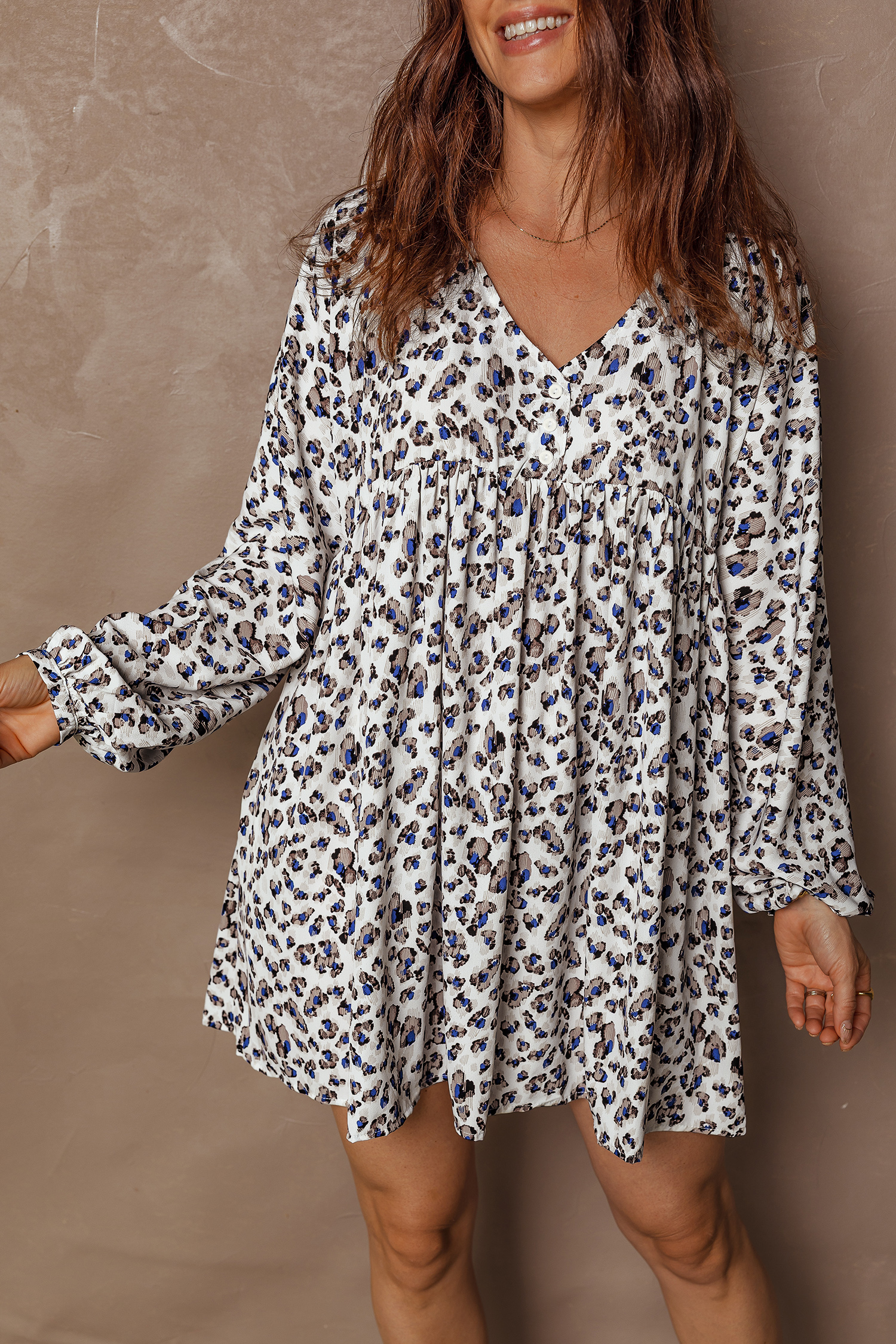 Multicolour Leopard Print V Neck Button Detail Long Sleeve Mini Dress - loveforevers