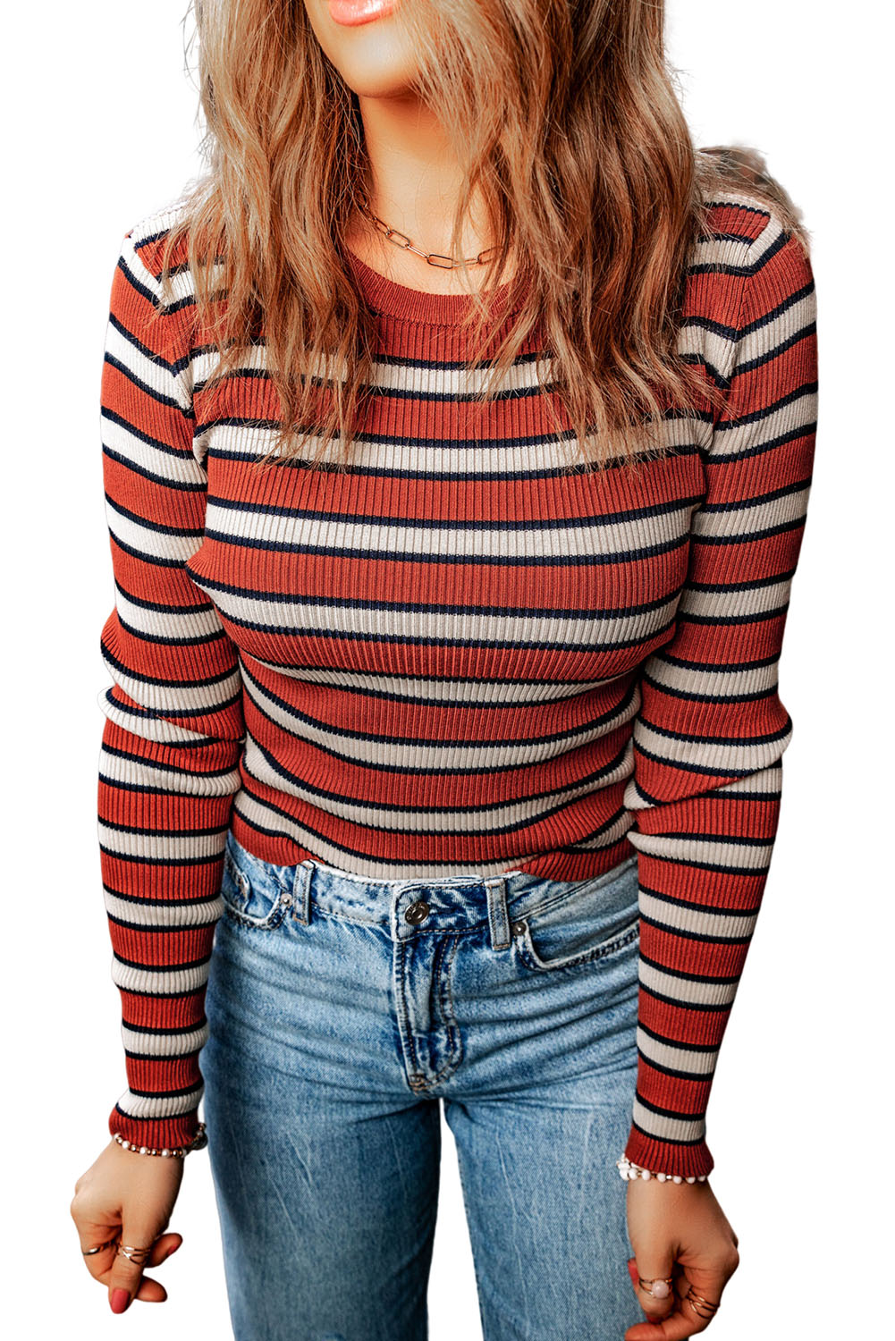 Striped Print Ribbed Knit Slim Fit Top - loveforevers