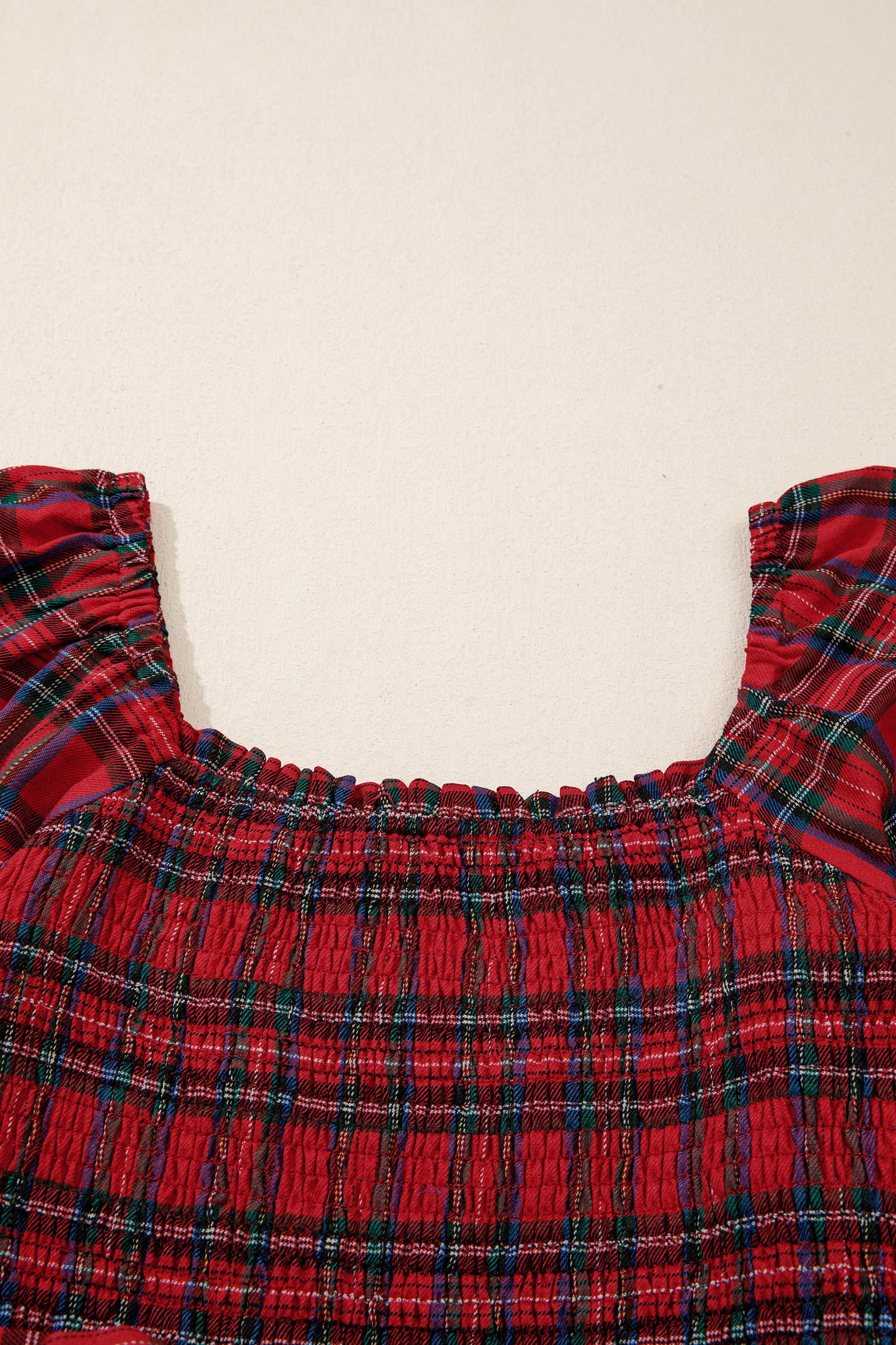 Red Tartan Plaid Square Neck Puff Sleeve Knot Waist Flared Midi Dress - loveforevers