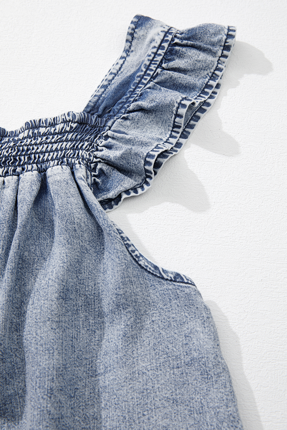 Ashleigh Blue Ruffled Shirred Neckline Sleeveless Denim Tank Top - loveforevers