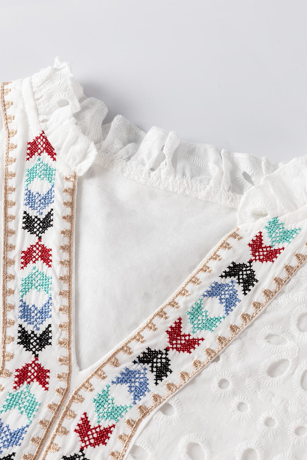 White Geometric Embroidery Hollow Out Blouse - loveforevers