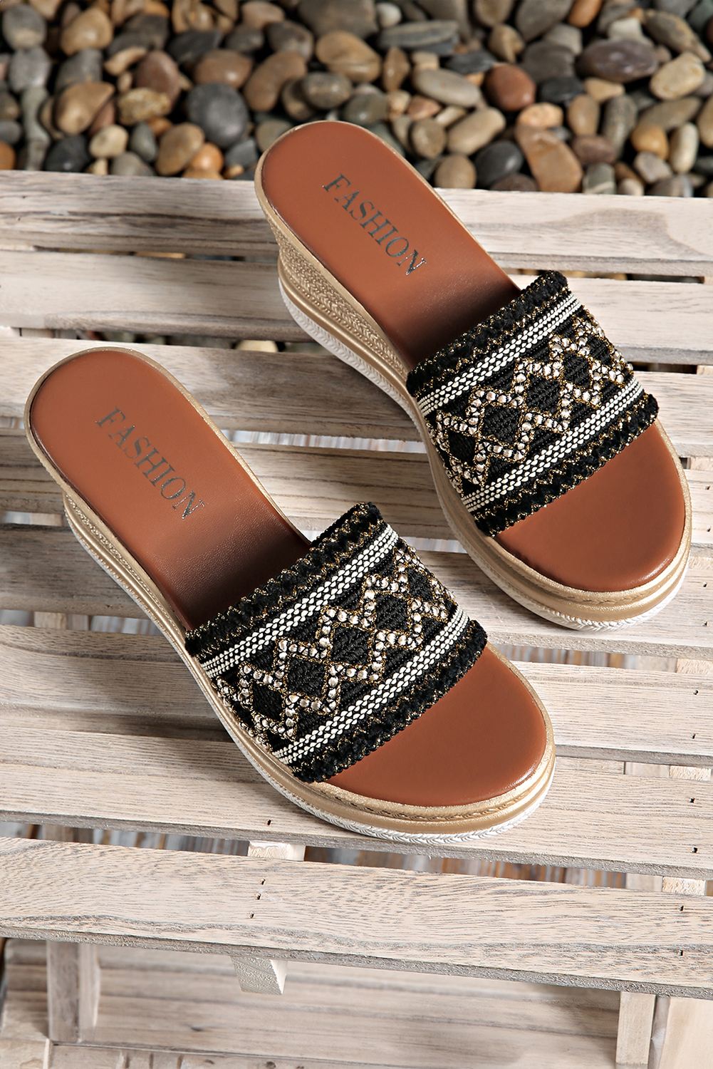 Black Woven Band PU Leather Wedge Slippers - loveforevers