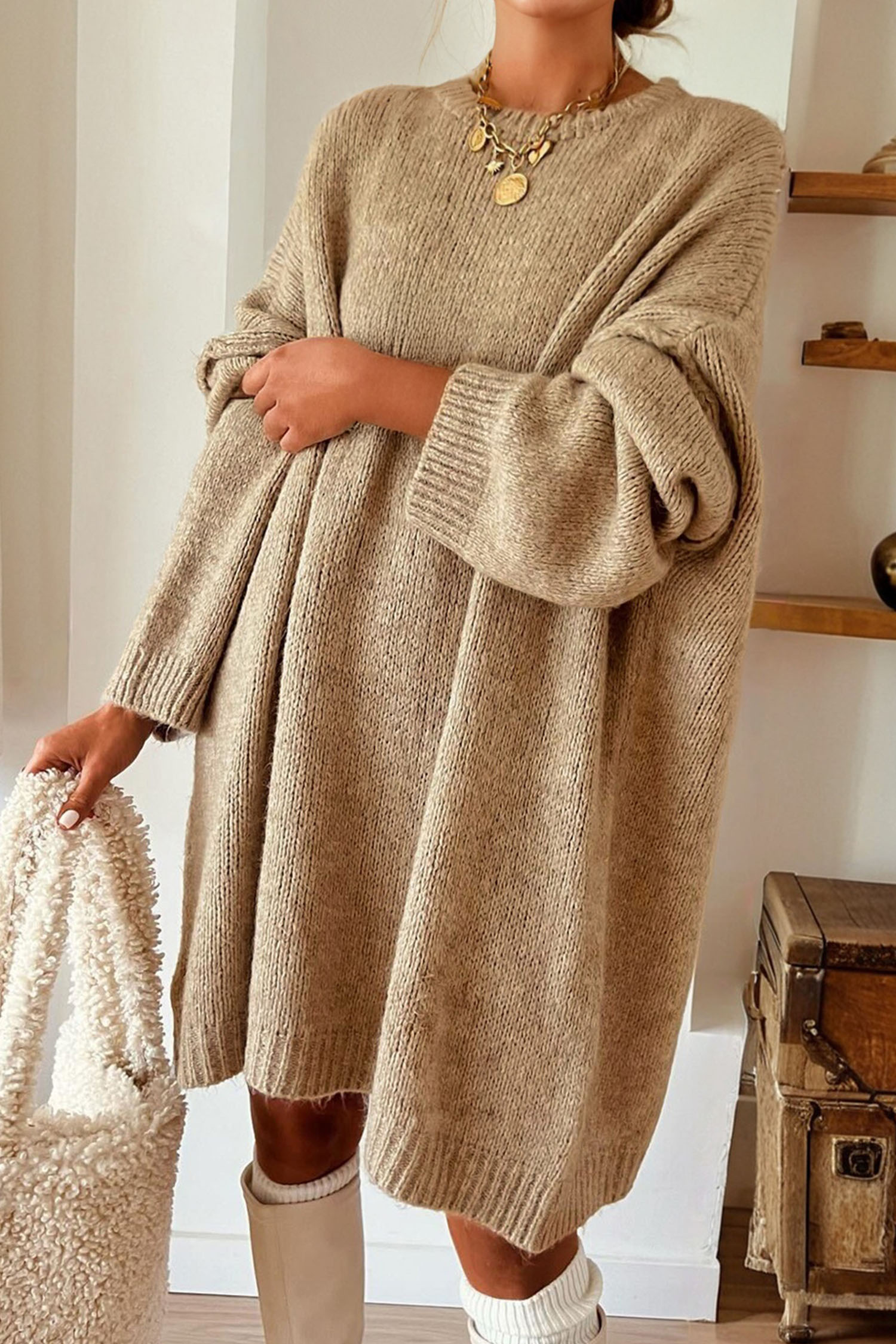Pale Khaki Exposed Seam Drop Shoulder Oversize Sweater Mini Dress - loveforevers