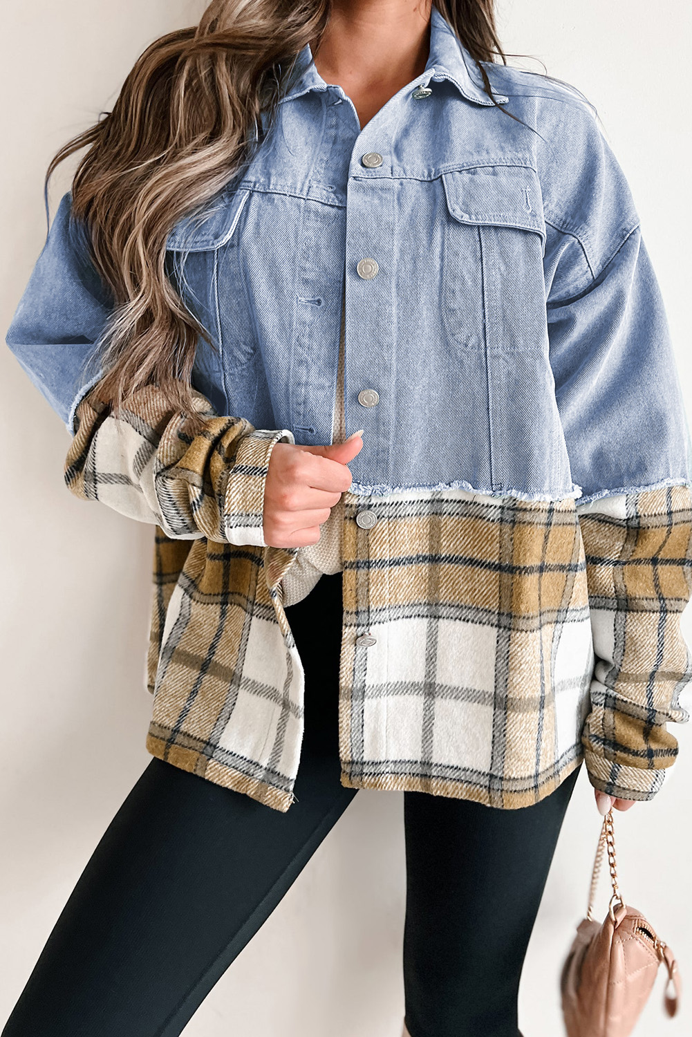 Khaki Plaid Patchwork Buttoned Oversized Denim Jacket - loveforevers