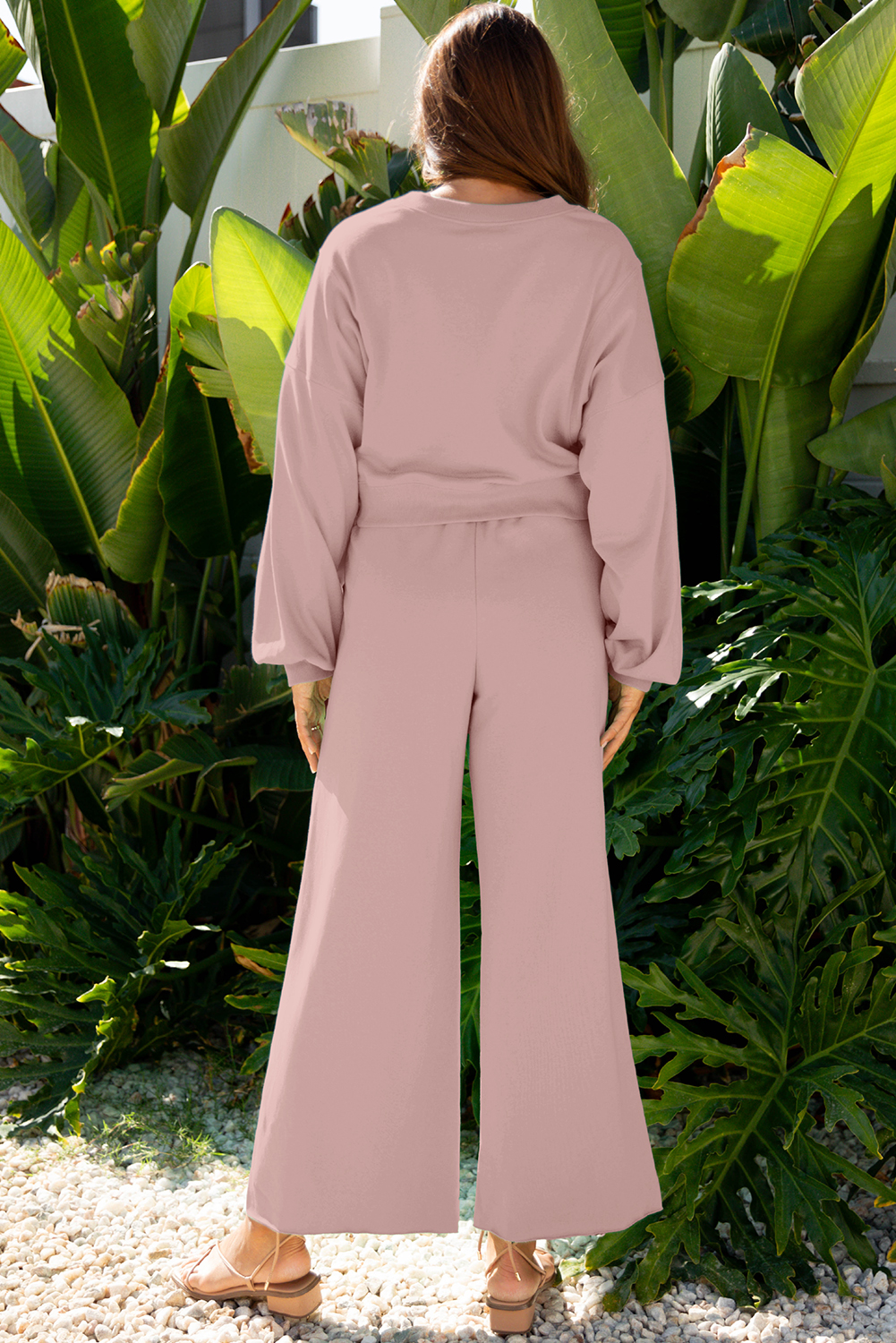 Bright Green Drop Shoulder Puff Sleeve Crop Pullover Drawstring Wide Leg Pants Set - loveforevers