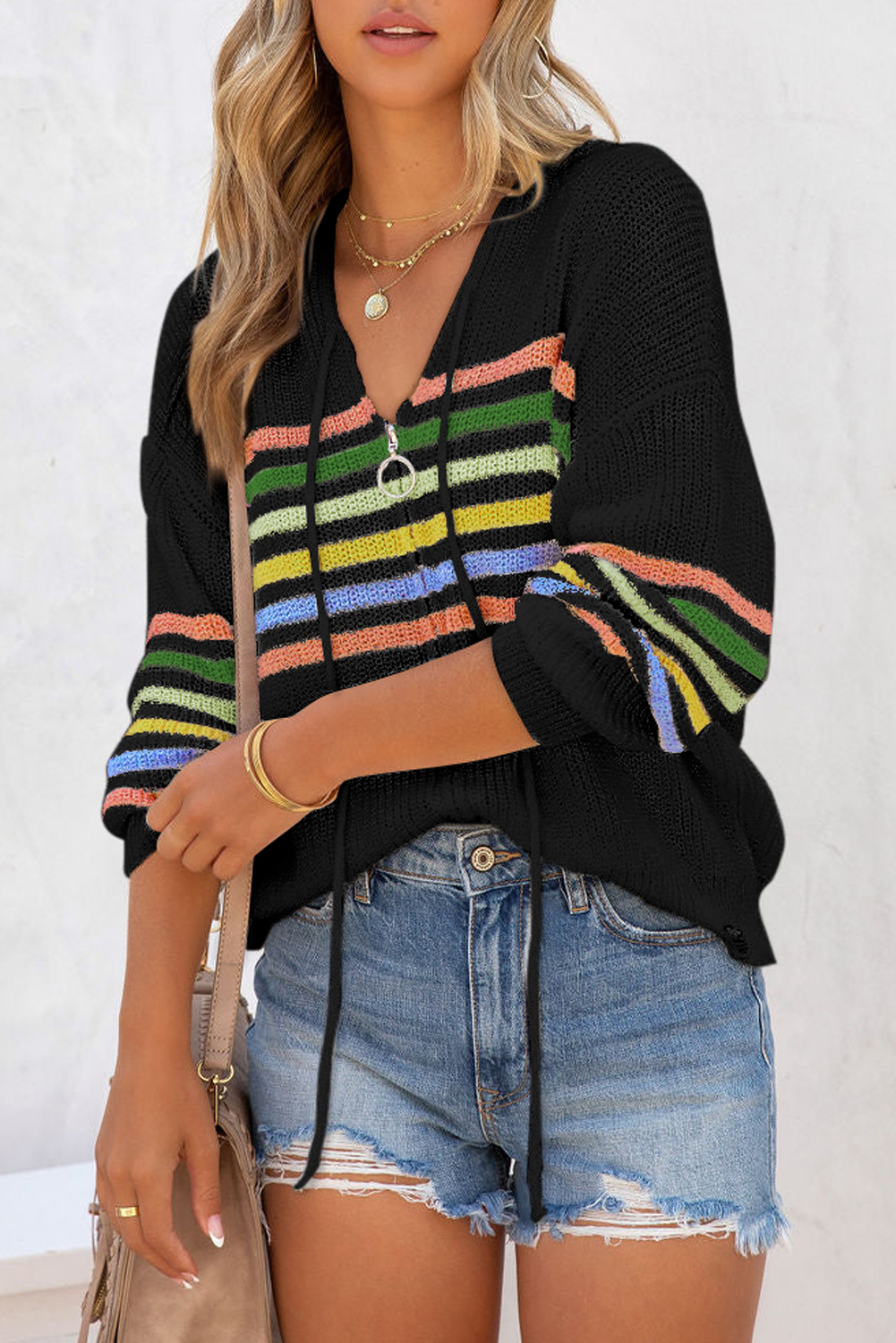 Black Striped Detail Zip Up Hooded Sweater Cardigan - loveforevers