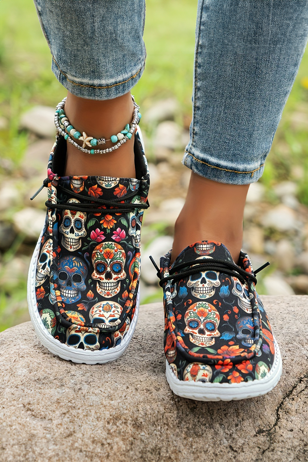 Dark Blue Sugar Skull Print Lace-up Detail Halloween Flat Shoes - loveforevers