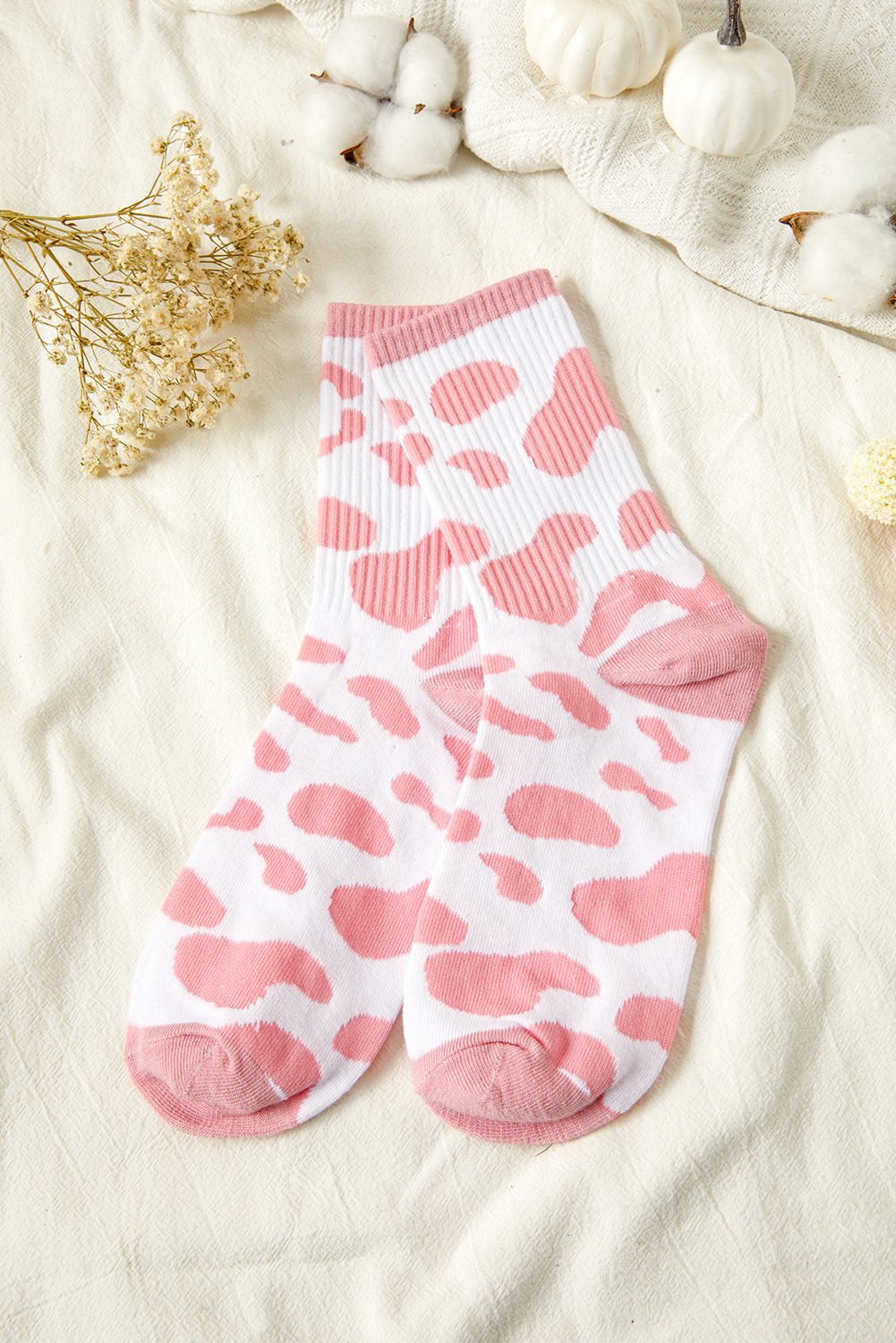 Pink Cow Print Ribbed Detail Crew Socks - loveforevers