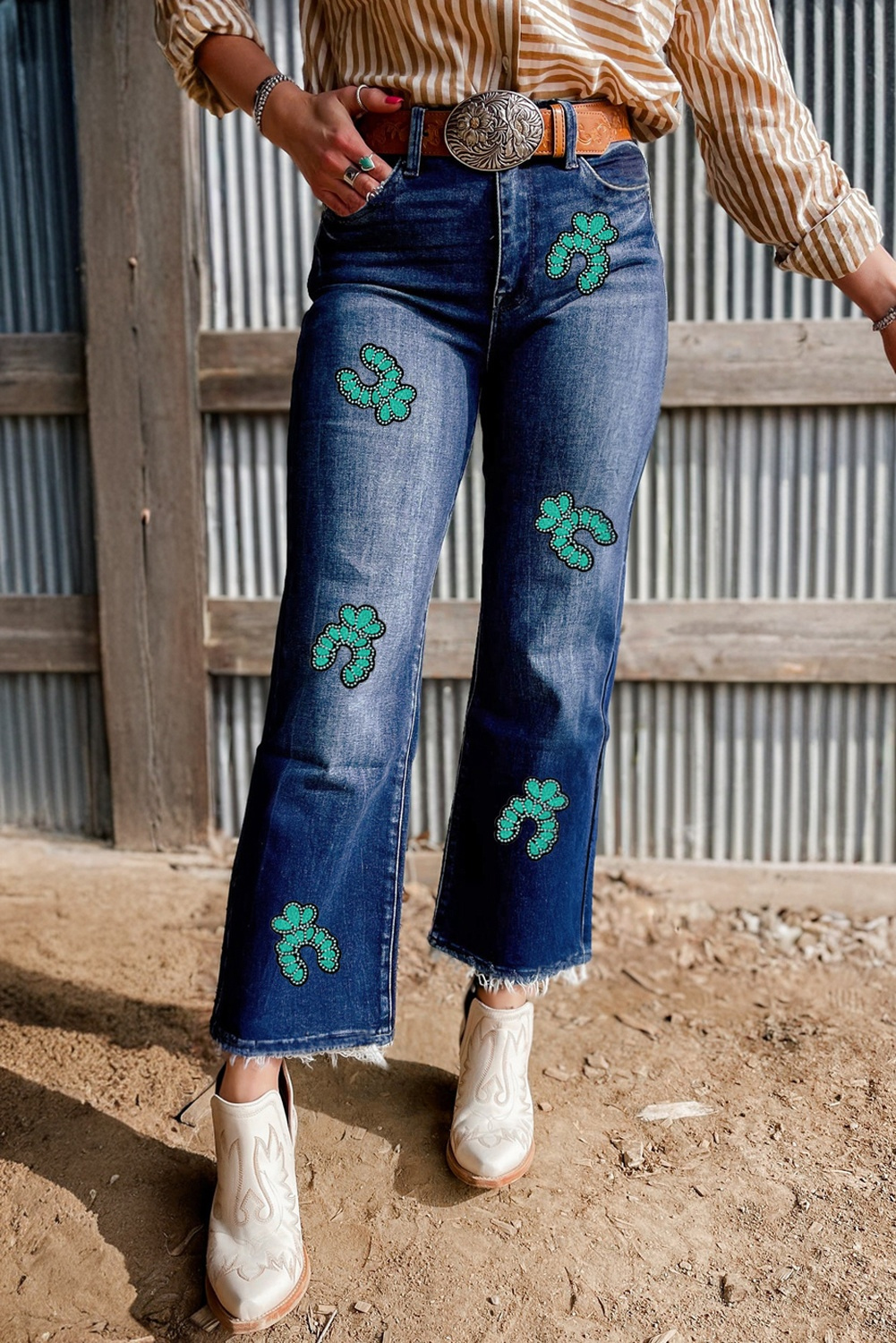 Sail Blue Turquoise Pattern Raw Edge Cropped High Waist Jeans - loveforevers