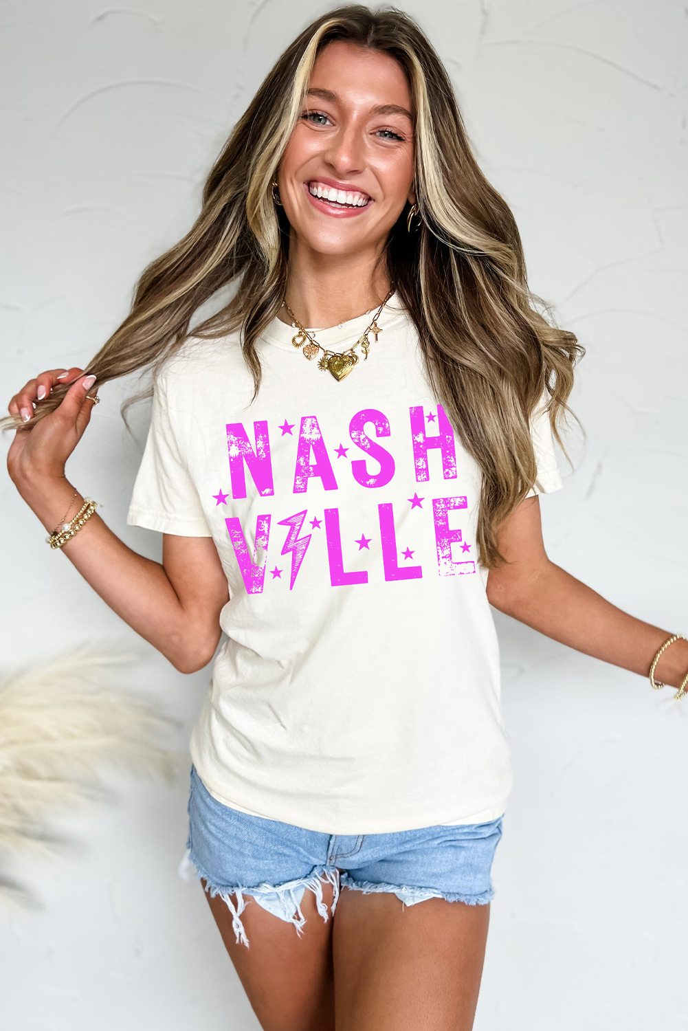 White NASHVILLE Star Graphic Crewneck T Shirt - loveforevers