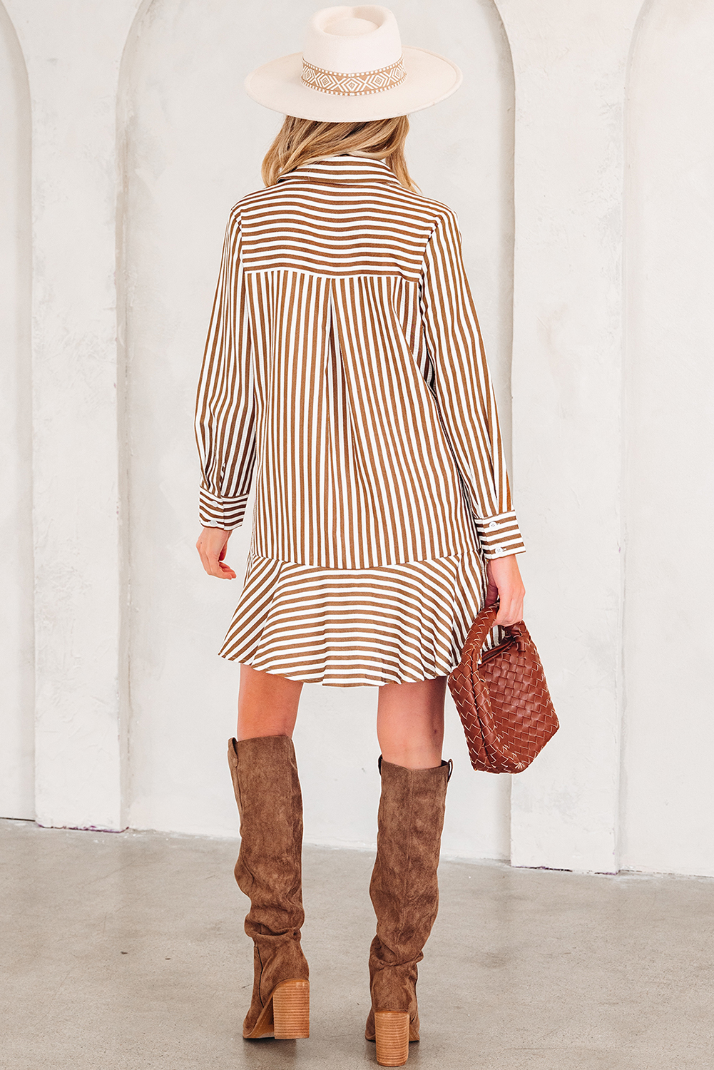 Brown Stripe Ruffled Hem Collared Long Sleeve Shirt Mini Dress - loveforevers