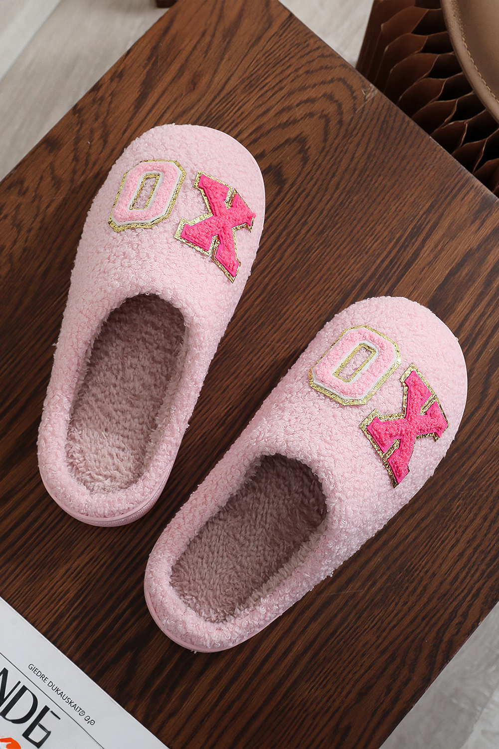White XO XO Glitter Trim Letter Patched Plush House Slippers - loveforevers