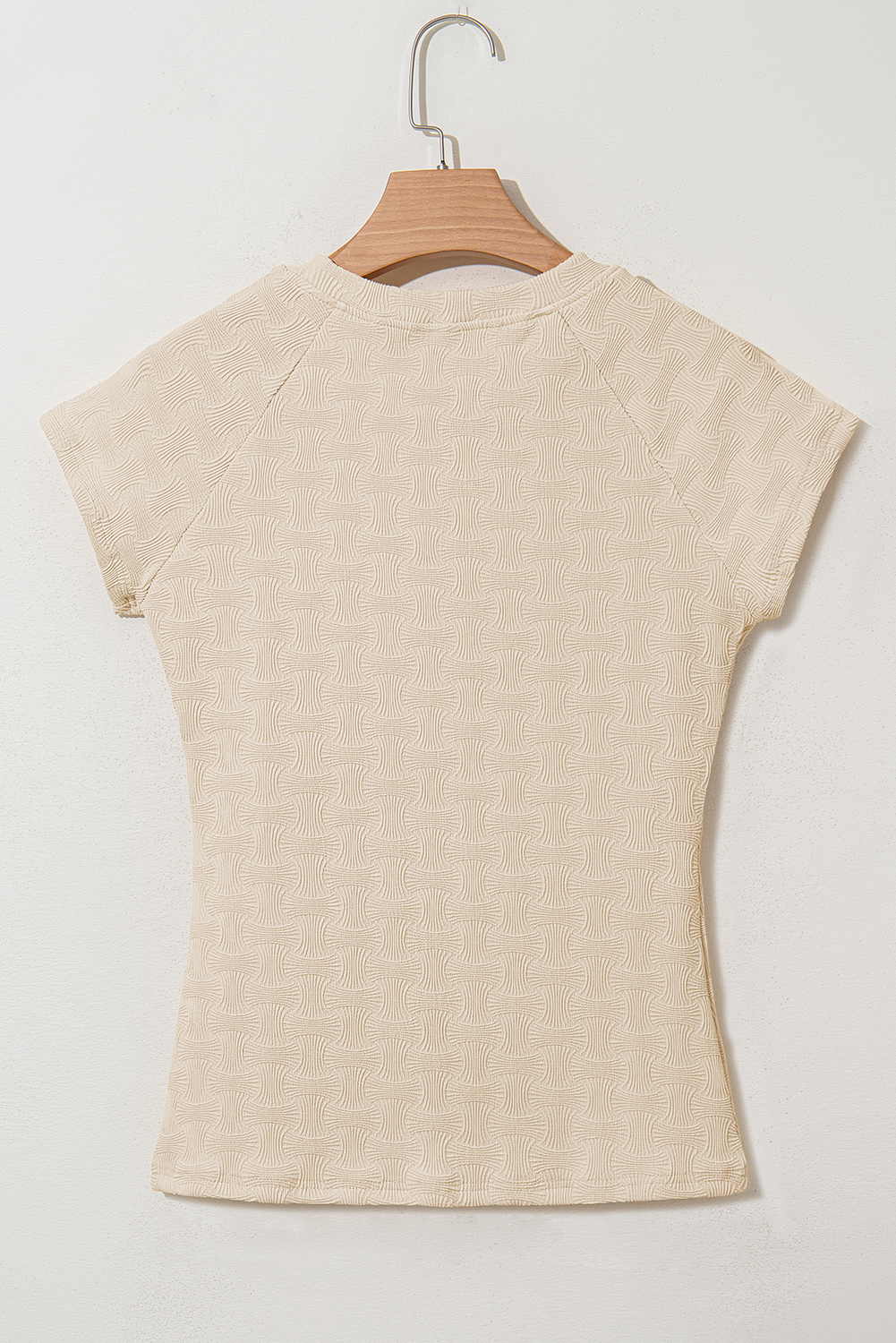 Beige Textured Crew Neck Cap Sleeve Slim Stretchy T Shirt - loveforevers