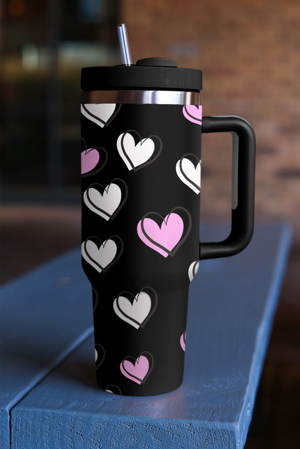 Black Valentines Heart Printed Thermos Cup with Handle 40oz - loveforevers