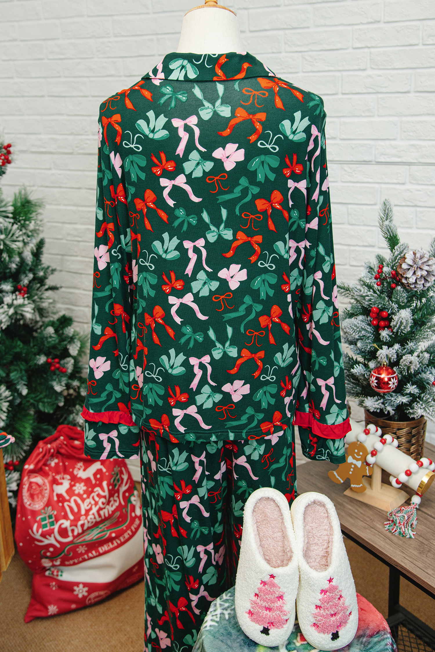 Green Festive Bow Print 2pcs Pajama Pant Set - loveforevers