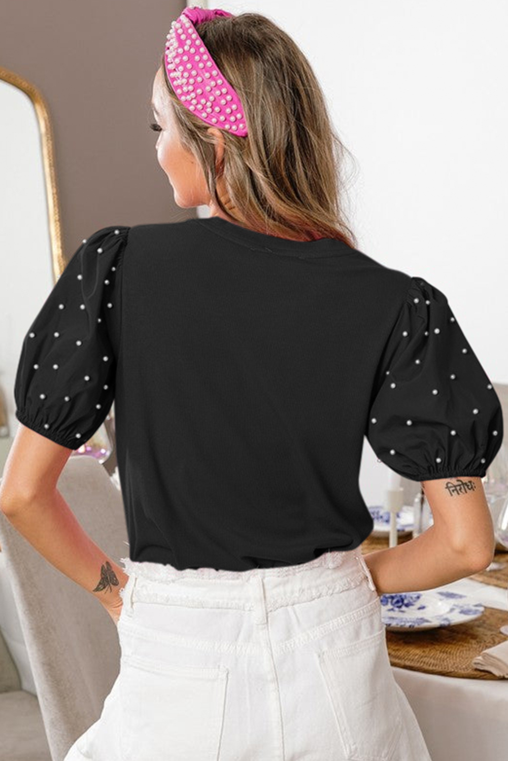 Black Ribbed Pearl Beaded Puff Sleeve Top - loveforevers