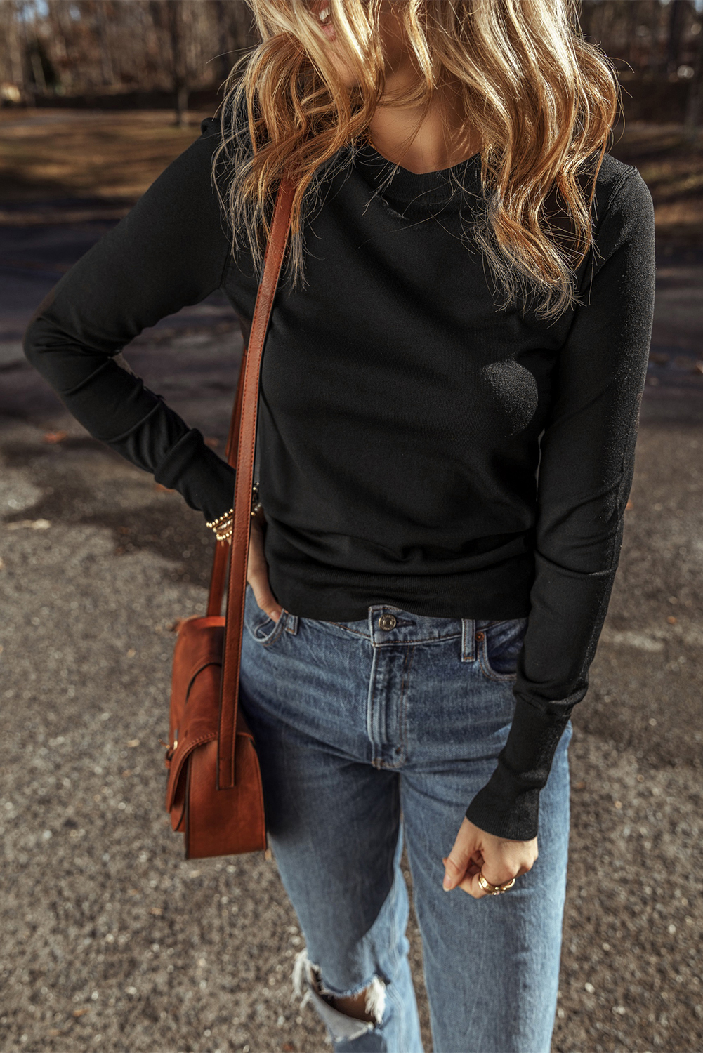 Black Solid Color Slim Fit Lightweight Crew Neck Sweater - loveforevers