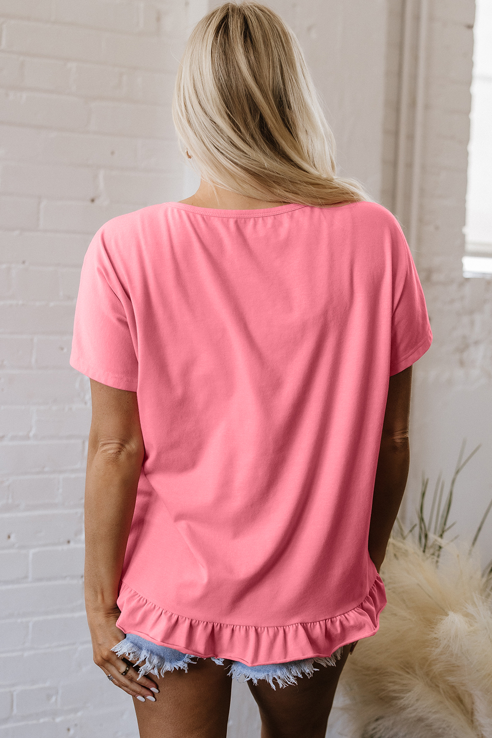 Pink Frilled Hem Loose T-Shirt - loveforevers