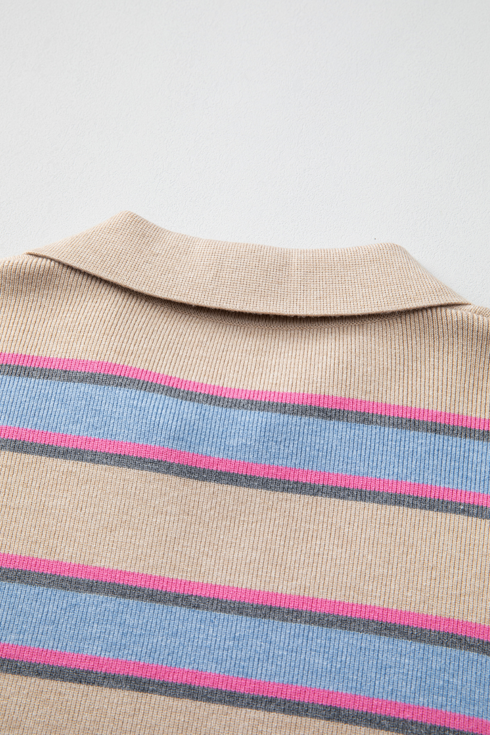 Apricot Stripe Collared V Neck Drop Shoulder Loose Sweater - loveforevers