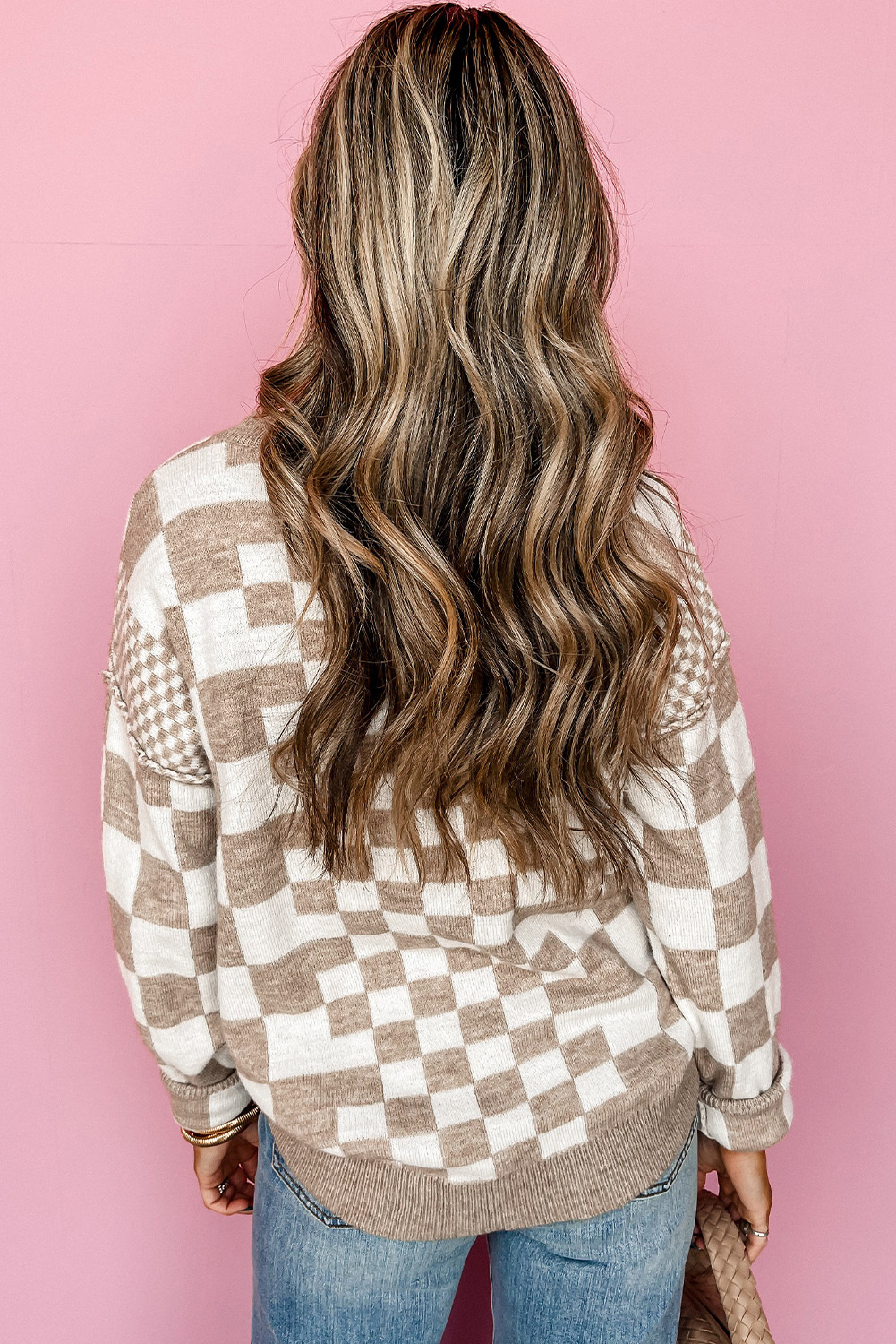 Khaki Checkered Print Drop Shoulder Round Neck Sweater - loveforevers