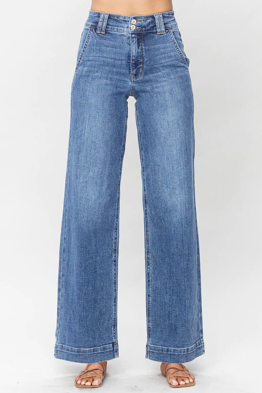 Sky Blue Double Button Zip Fly Straight Leg Jeans - loveforevers