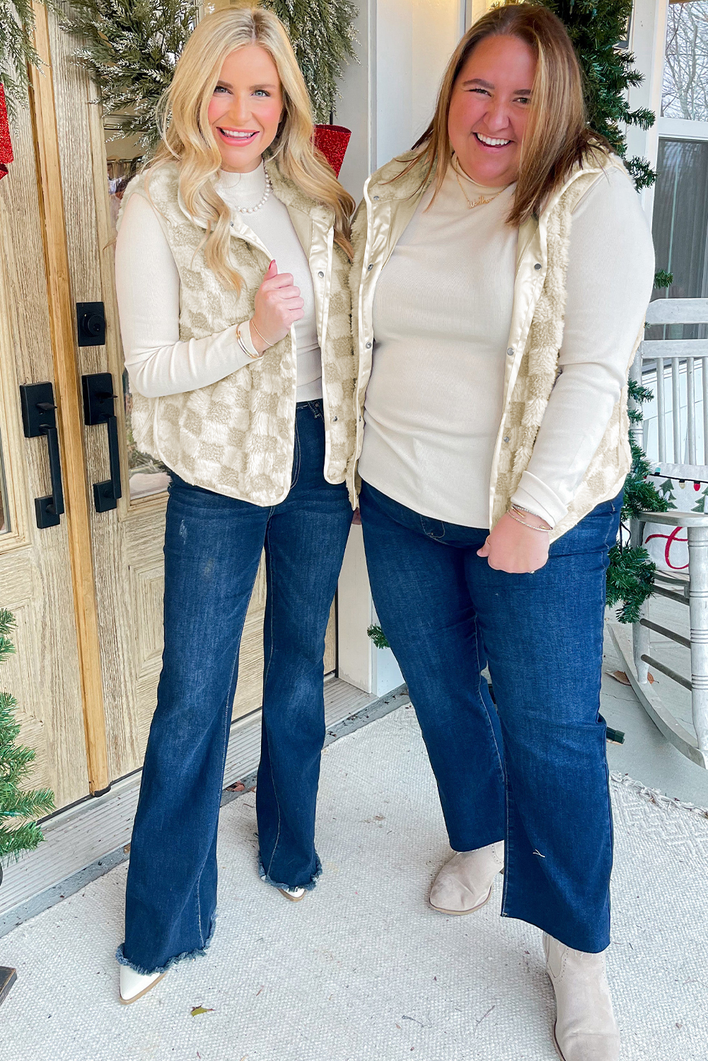 Khaki Sherpa Checkerboard Snap Button Vest Jacket With Pocket - loveforevers