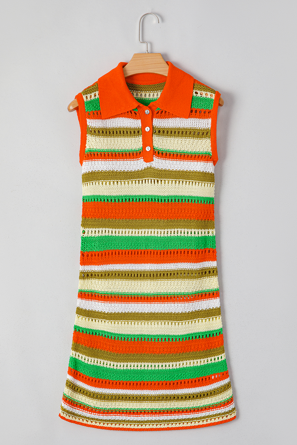 Yellow Stripe Eyelet Sleeveless Buttoned Split Neck Sweater Dress - loveforevers
