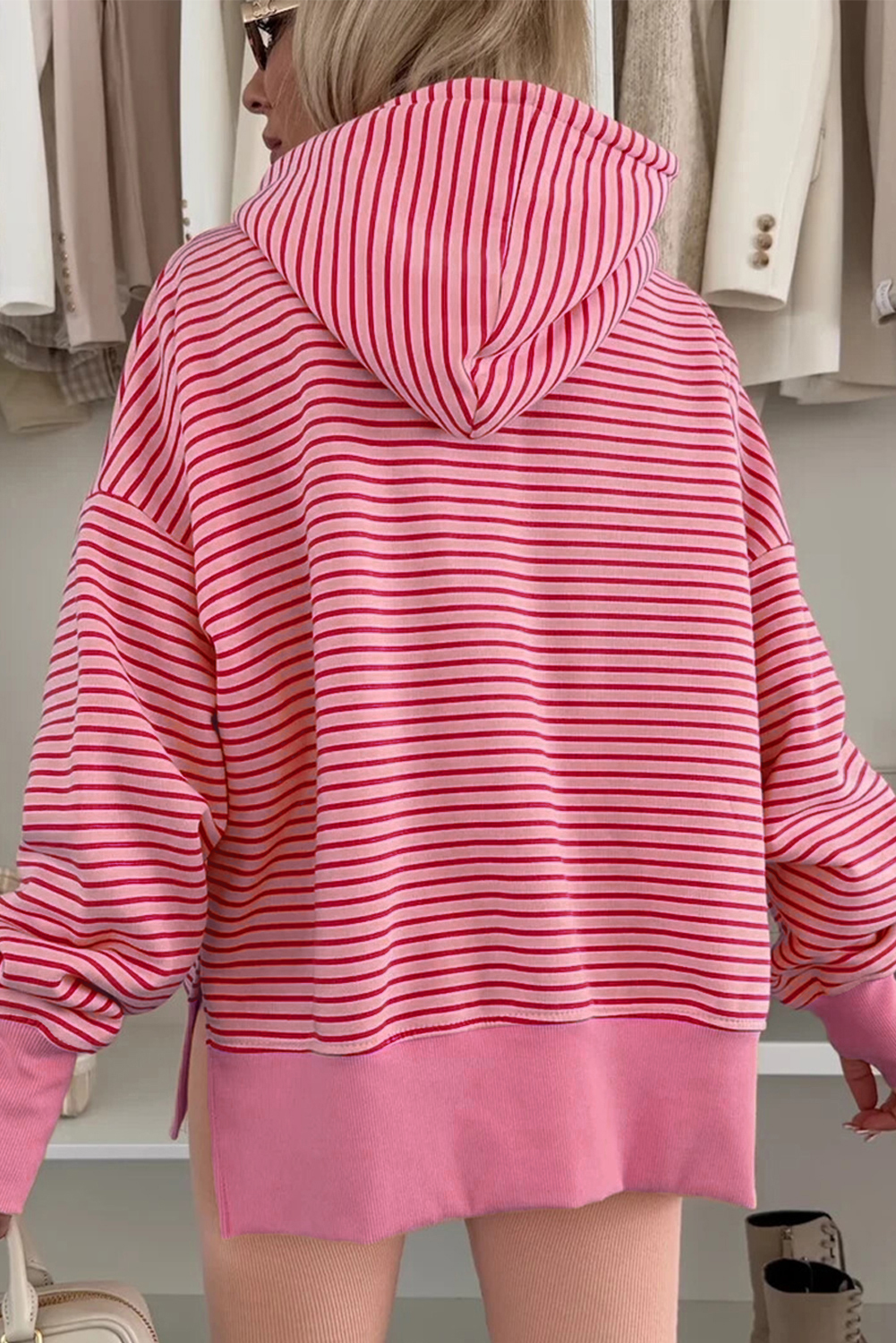 Purple Stripe Thumbhole Side Slits Drop Shoulder Loose Fit Hoodie - loveforevers