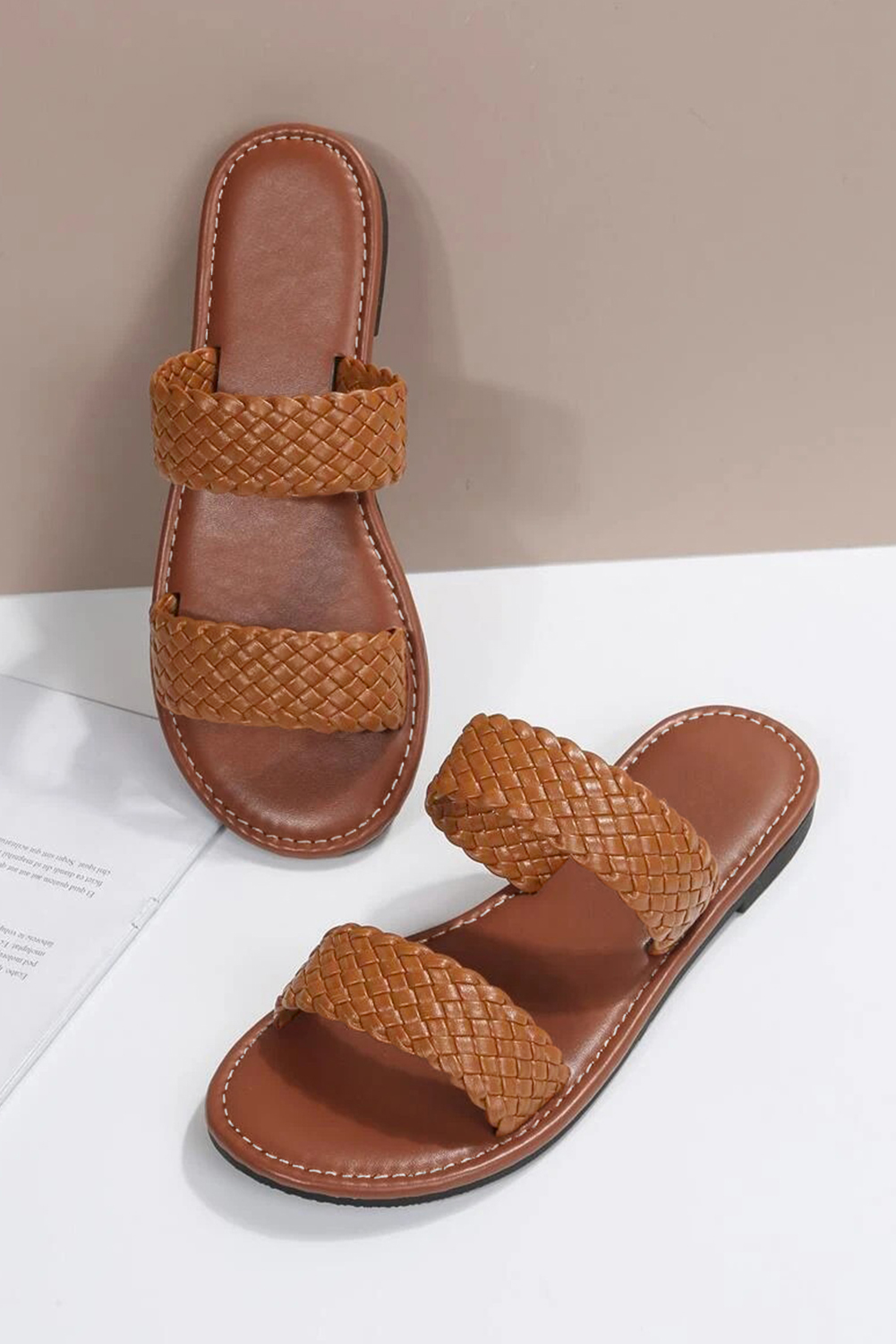 Chestnut Braided Double Band Leathered Flat Slippers - loveforevers