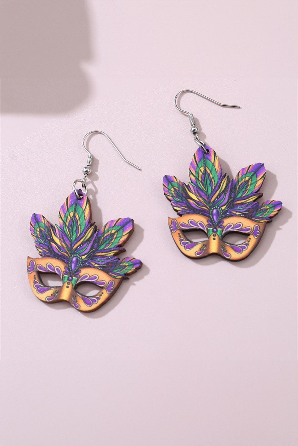 Meadow Mauve Mardi Gras Mask Dangle Hook Earrings - loveforevers
