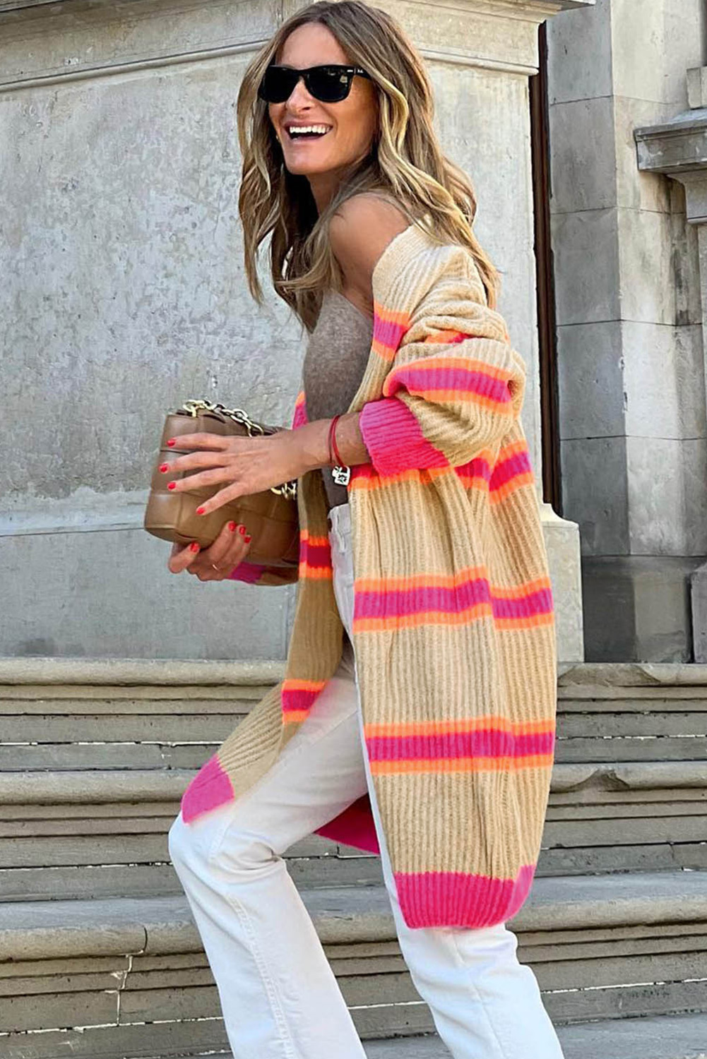 Stripe Printed Ribbed Long Knitted Cardigan - loveforevers