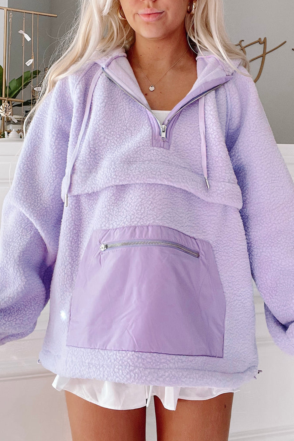 Lavendula Zipped Patch Pocket Fuzzy Drawstring Hoodie - loveforevers